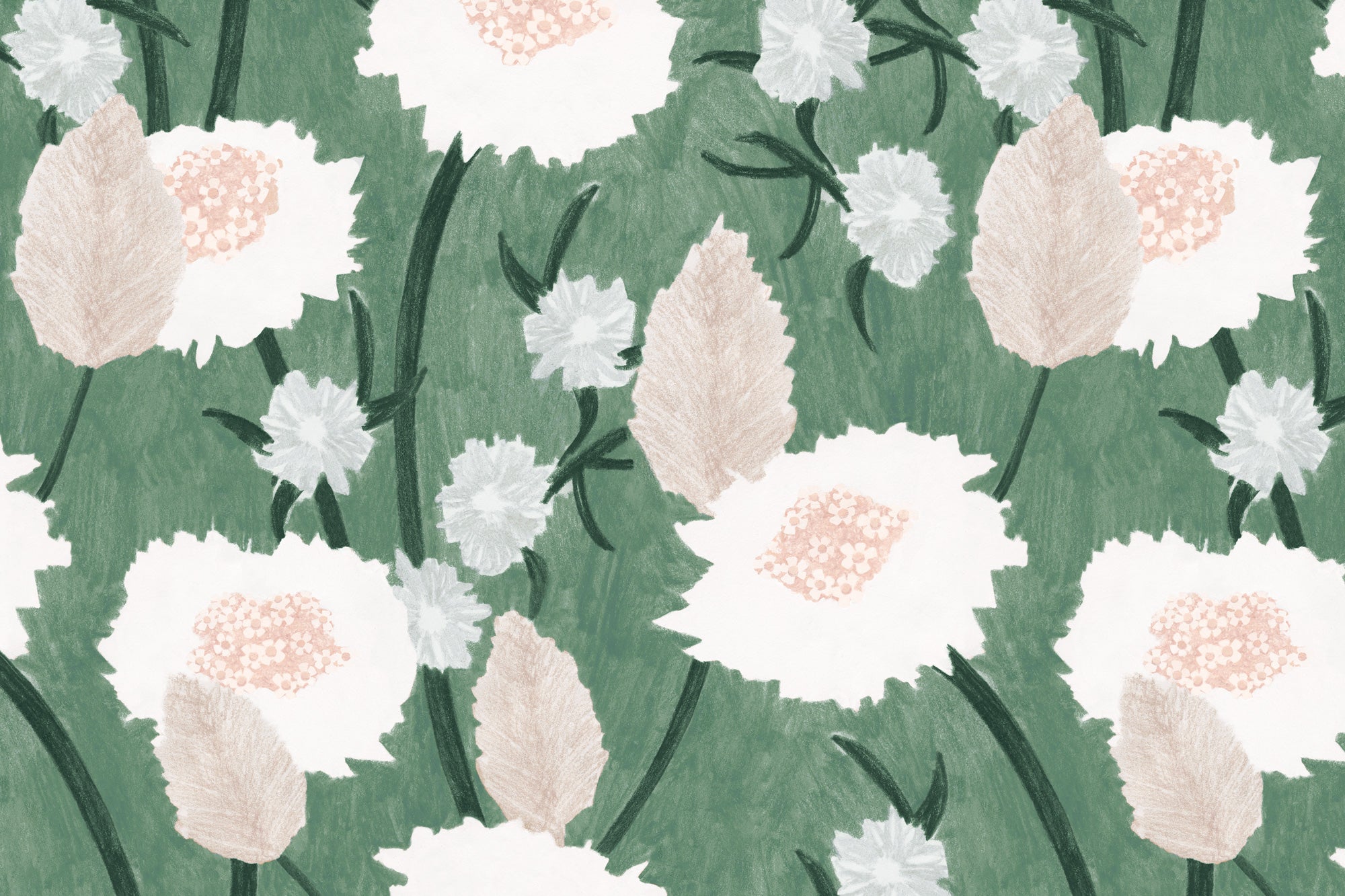 Detail of wallpaper in a playful floral print in shades of white, pink and green on a light green field.