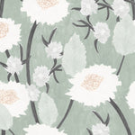 Detail of wallpaper in a playful floral print in shades of white, pink and gray on a pale green field.
