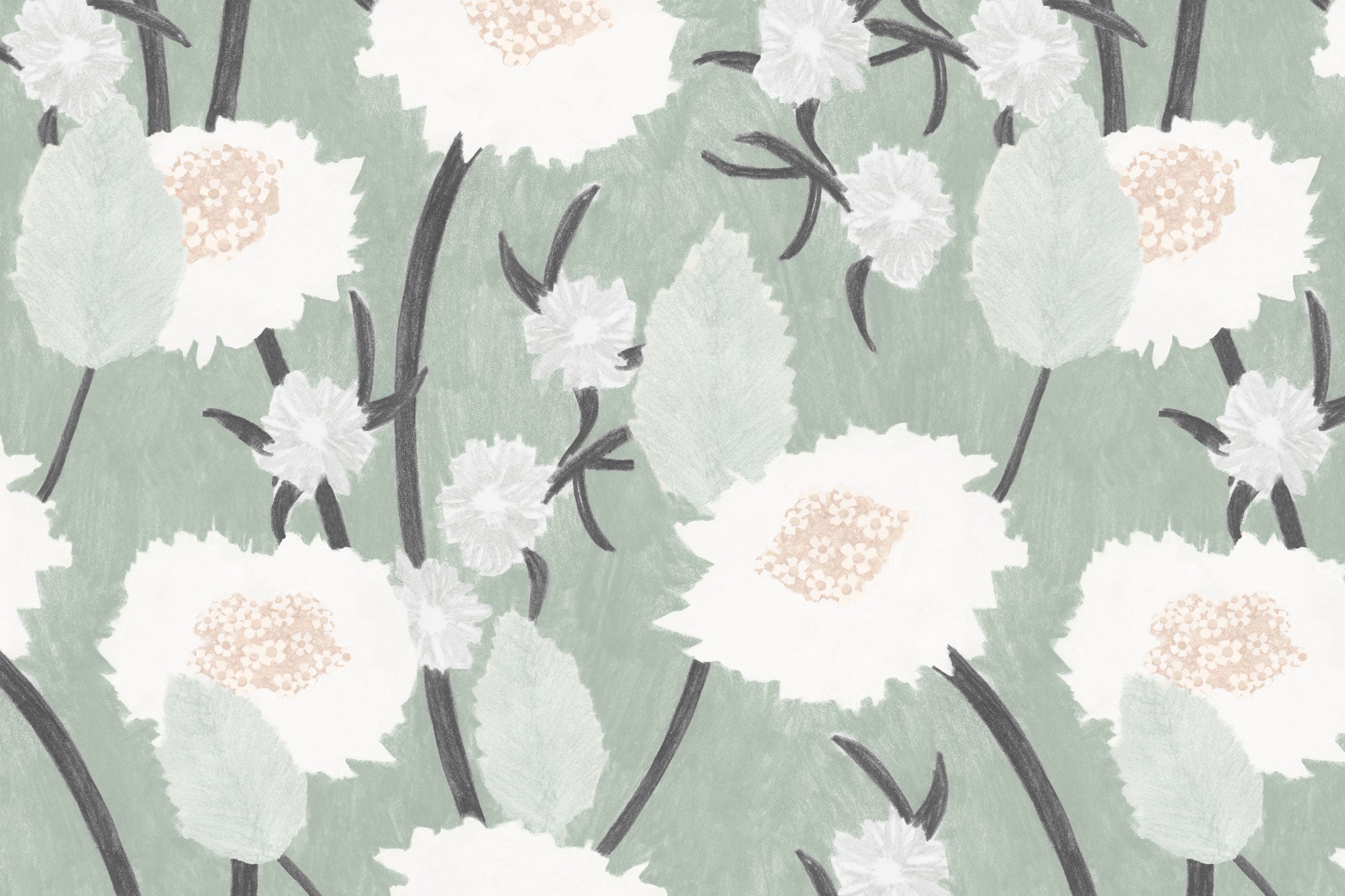Detail of wallpaper in a playful floral print in shades of white, pink and gray on a pale green field.
