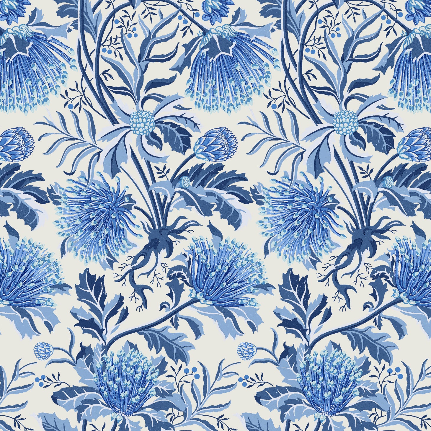 Detail of wallpaper in a dense floral print in shades of blue and navy on a white field.
