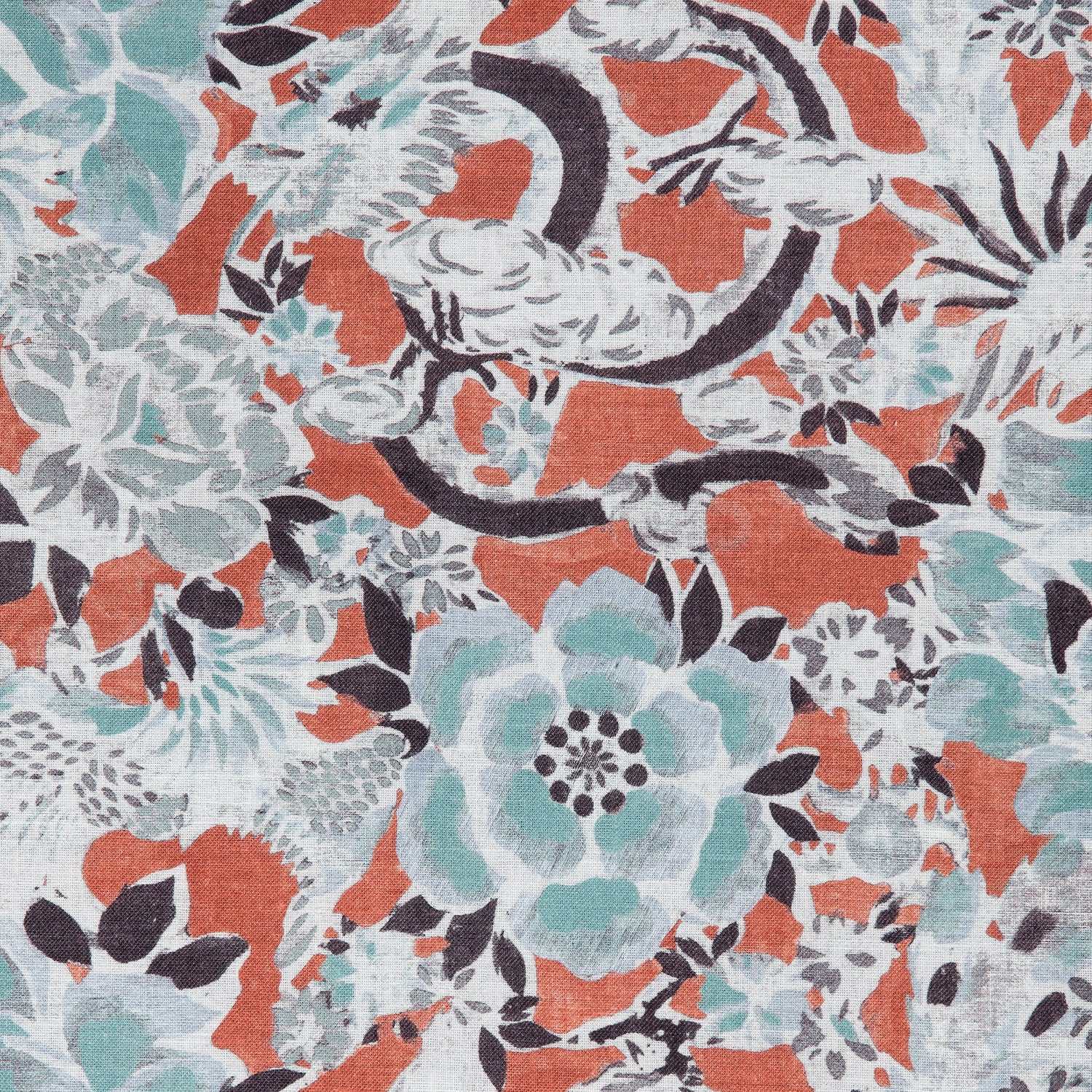 Detail of a linen fabric in a painterly floral pattern in shades of blue and gray on a rust field.