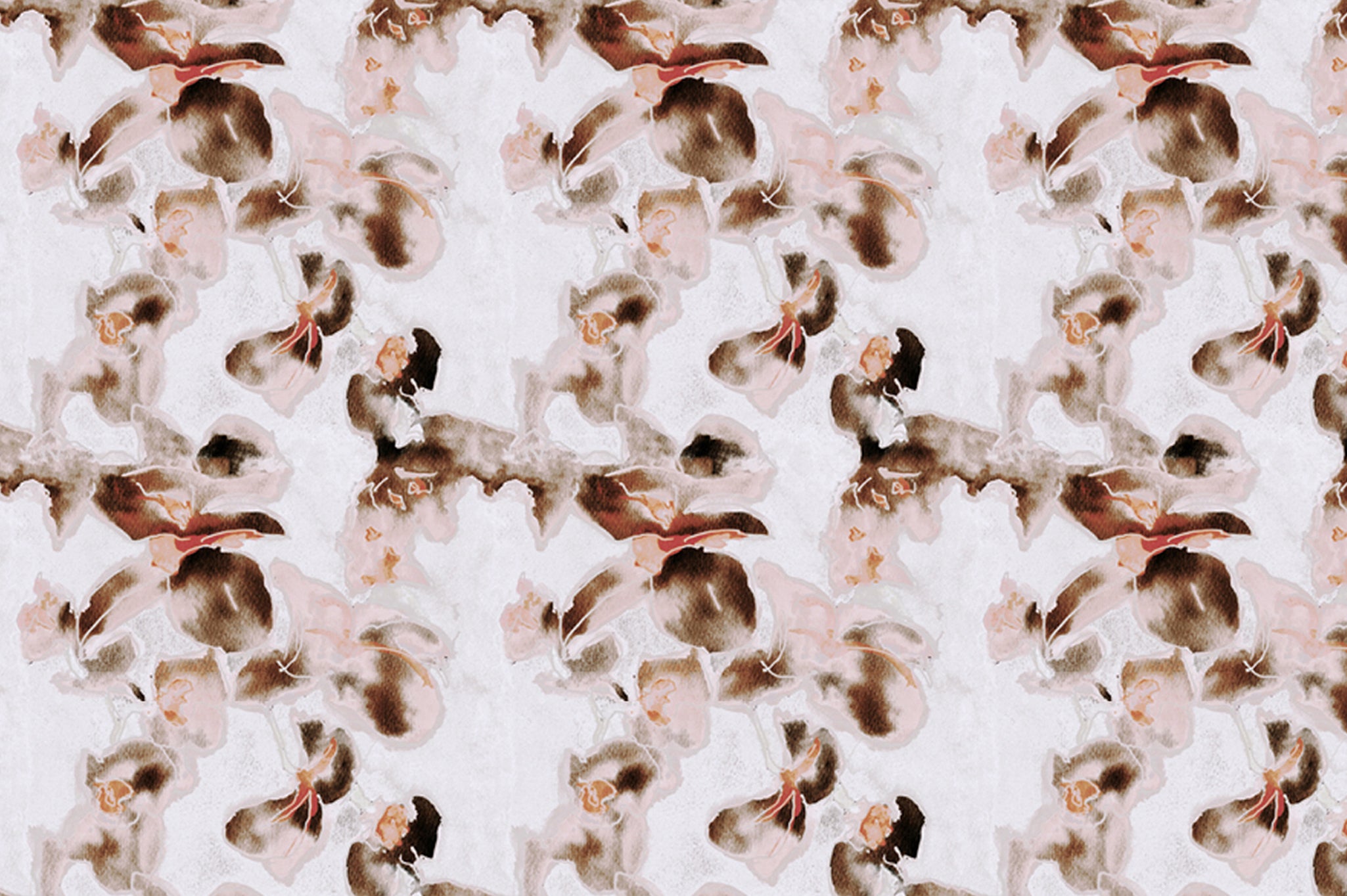 Detail of fabric in an abstract floral print in pink, coral and brown on a white field.