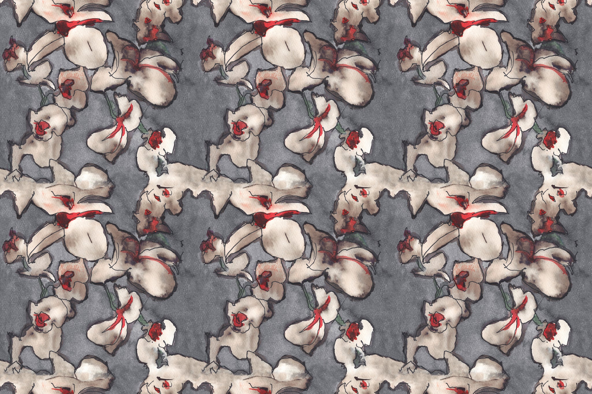 Detail of fabric in an abstract floral print in red, cream and gray on a dark gray field.