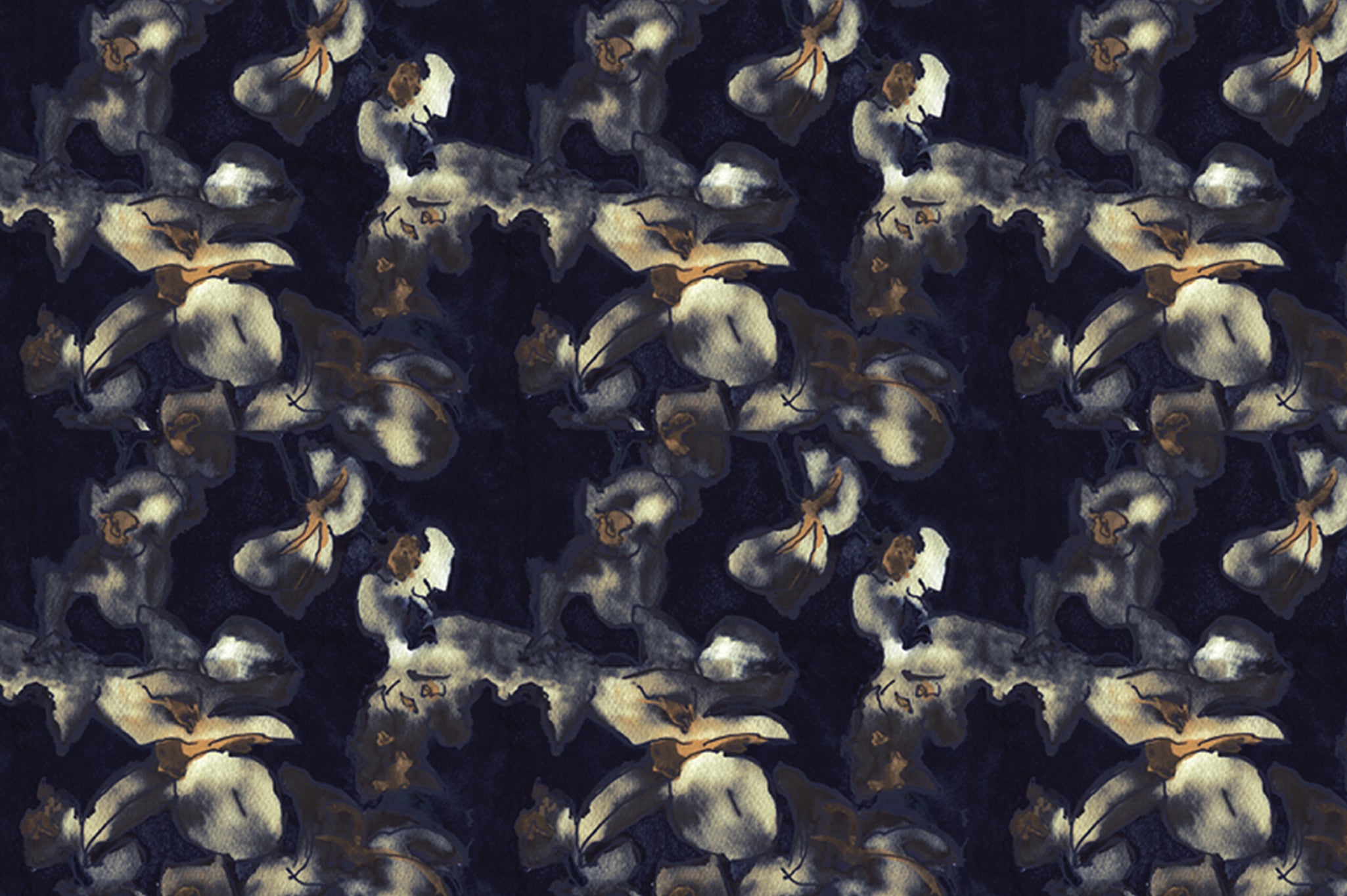 Detail of fabric in an abstract floral print in tan, gold and navy on a black field.