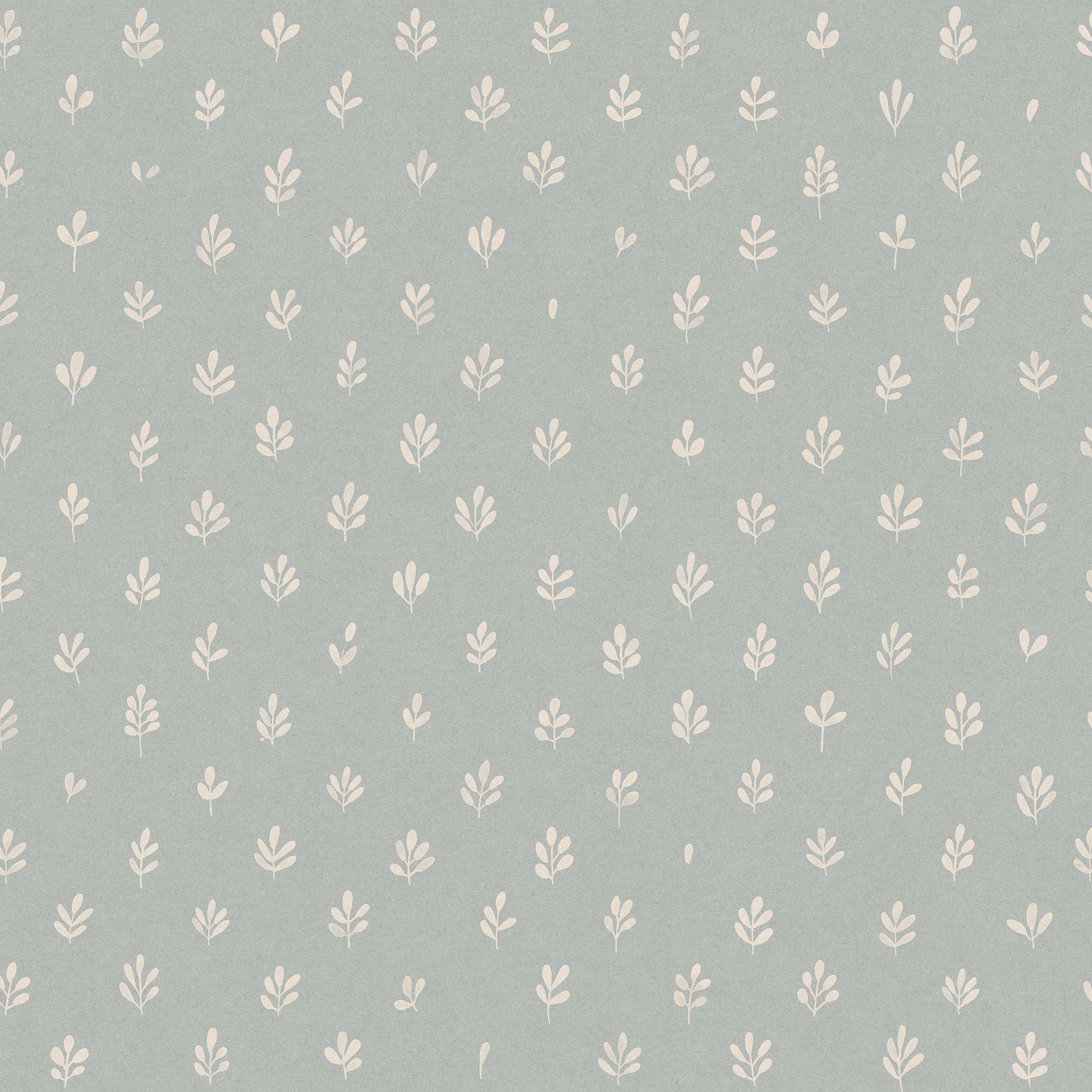 Detail of wallpaper in a repeating leaf print in cream on a light blue field.