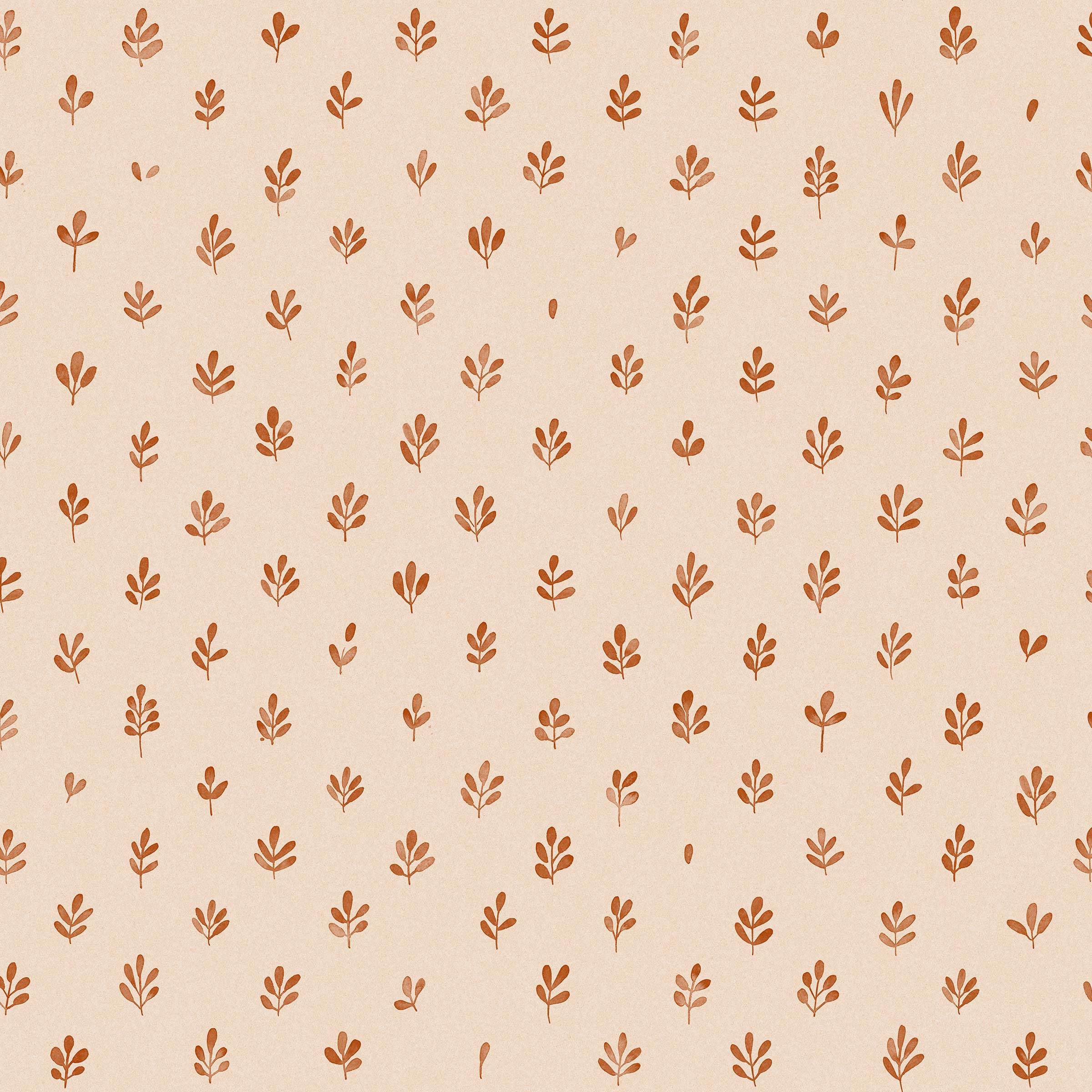 Detail of wallpaper in a repeating leaf print in burnt orange on a cream field.