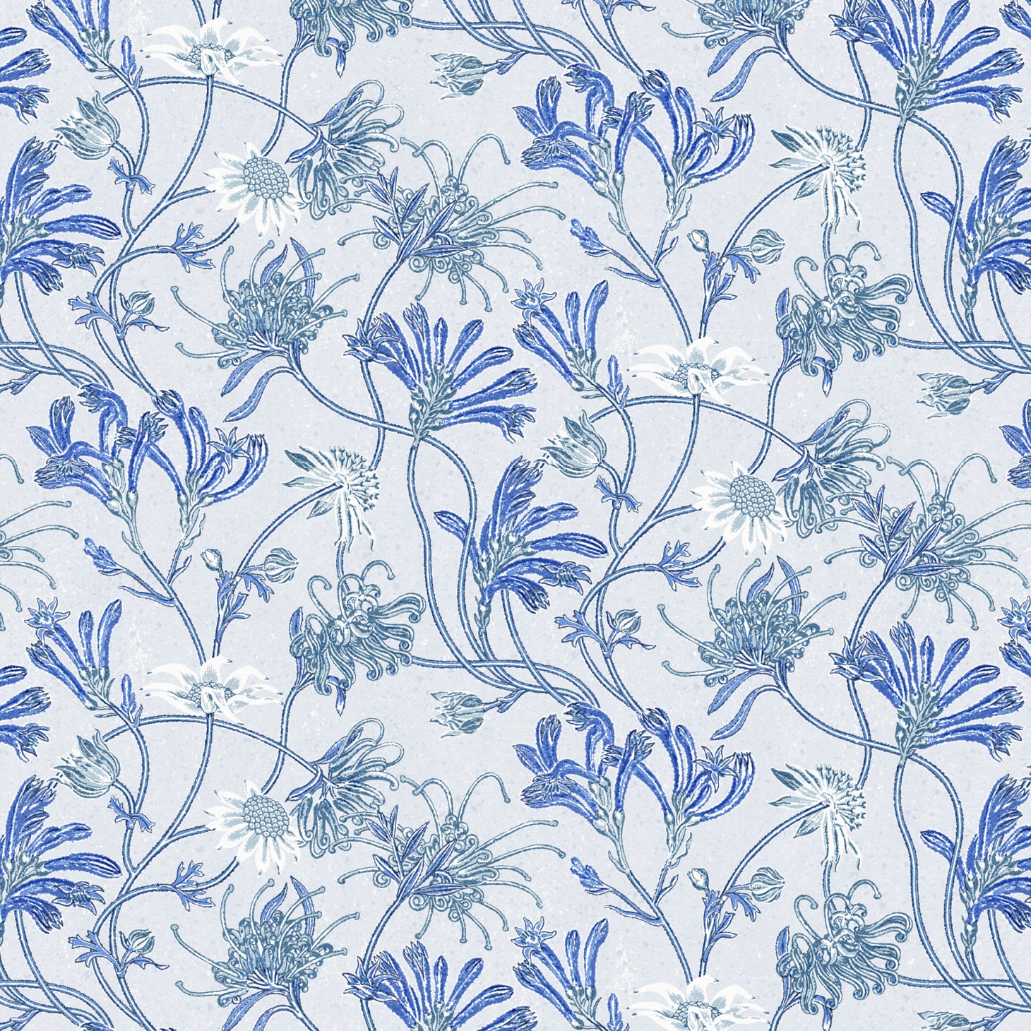 Detail of wallpaper in a painterly floral print in shades of white, blue and navy on a light blue field.