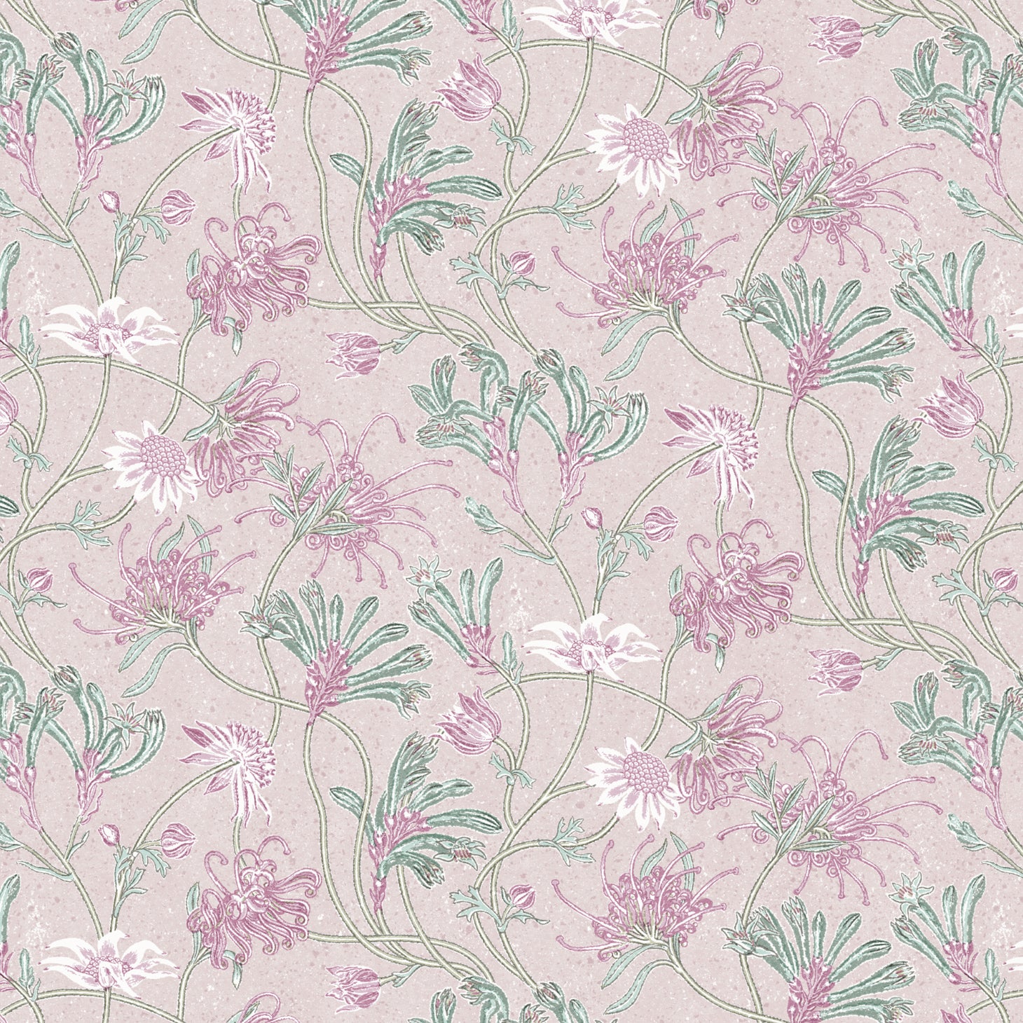Detail of wallpaper in a painterly floral print in shades of white, pink and green on a mauve field.