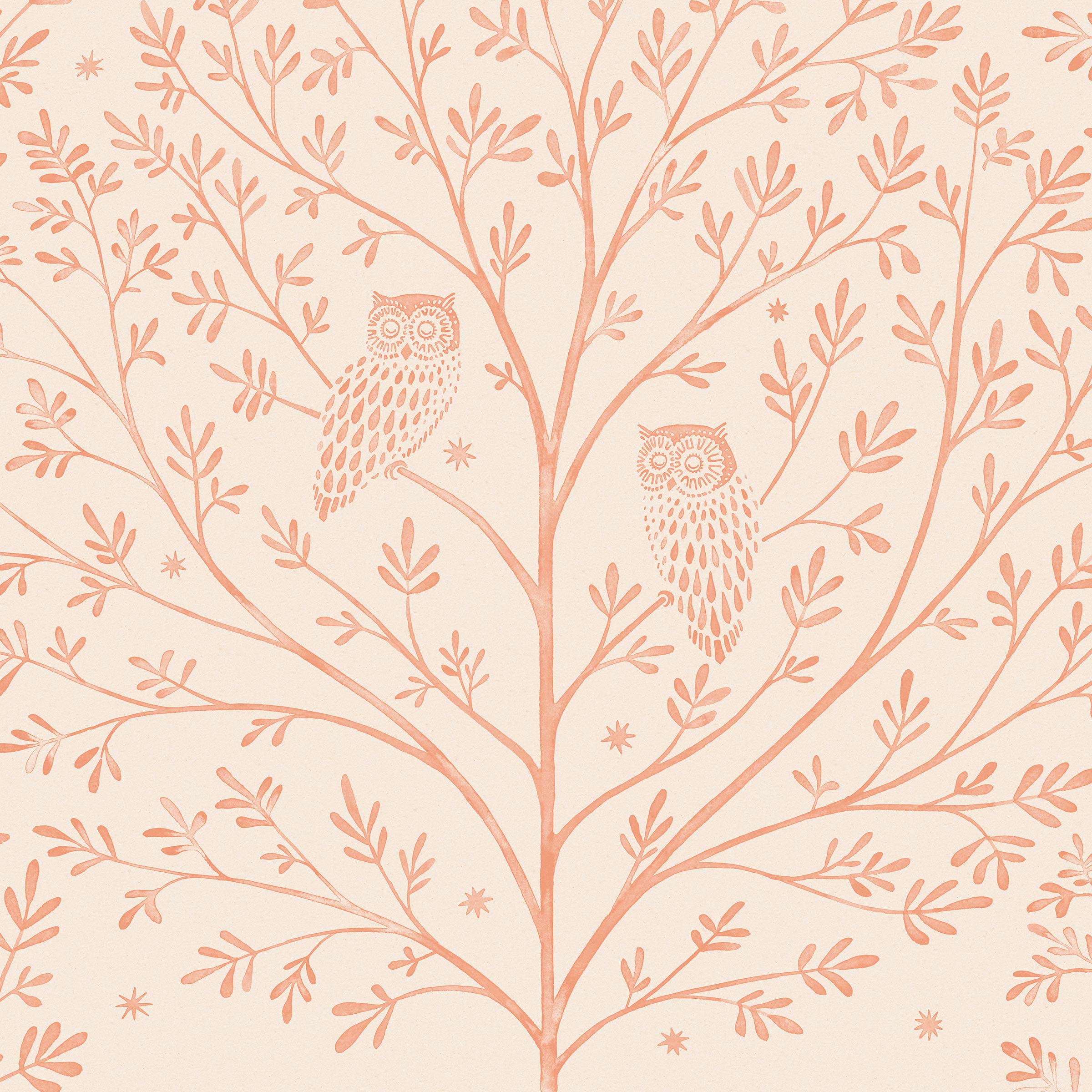 Detail of wallpaper in a repeating owl and tree print in coral on a cream field.