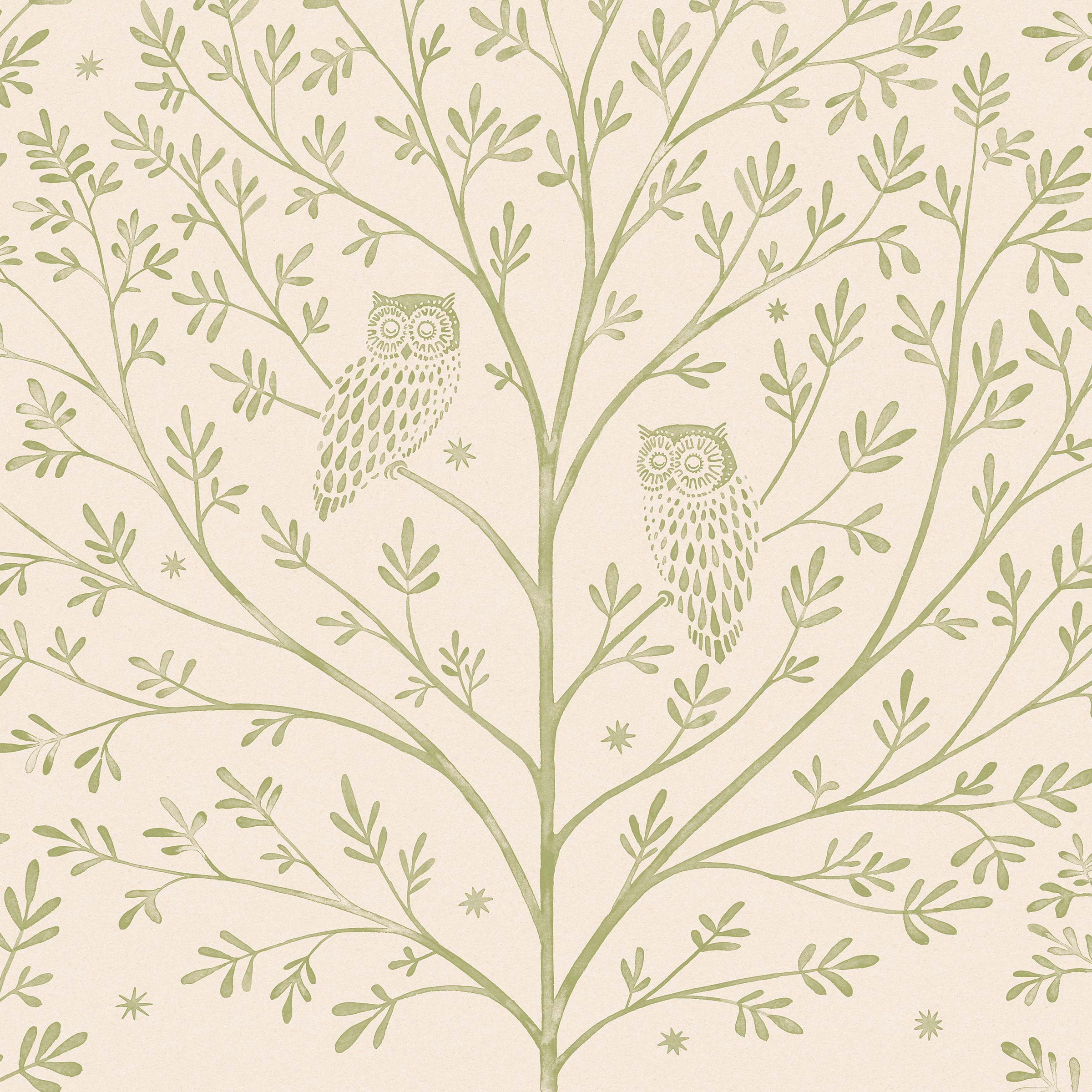 Detail of wallpaper in a repeating owl and tree print in light green on a cream field.
