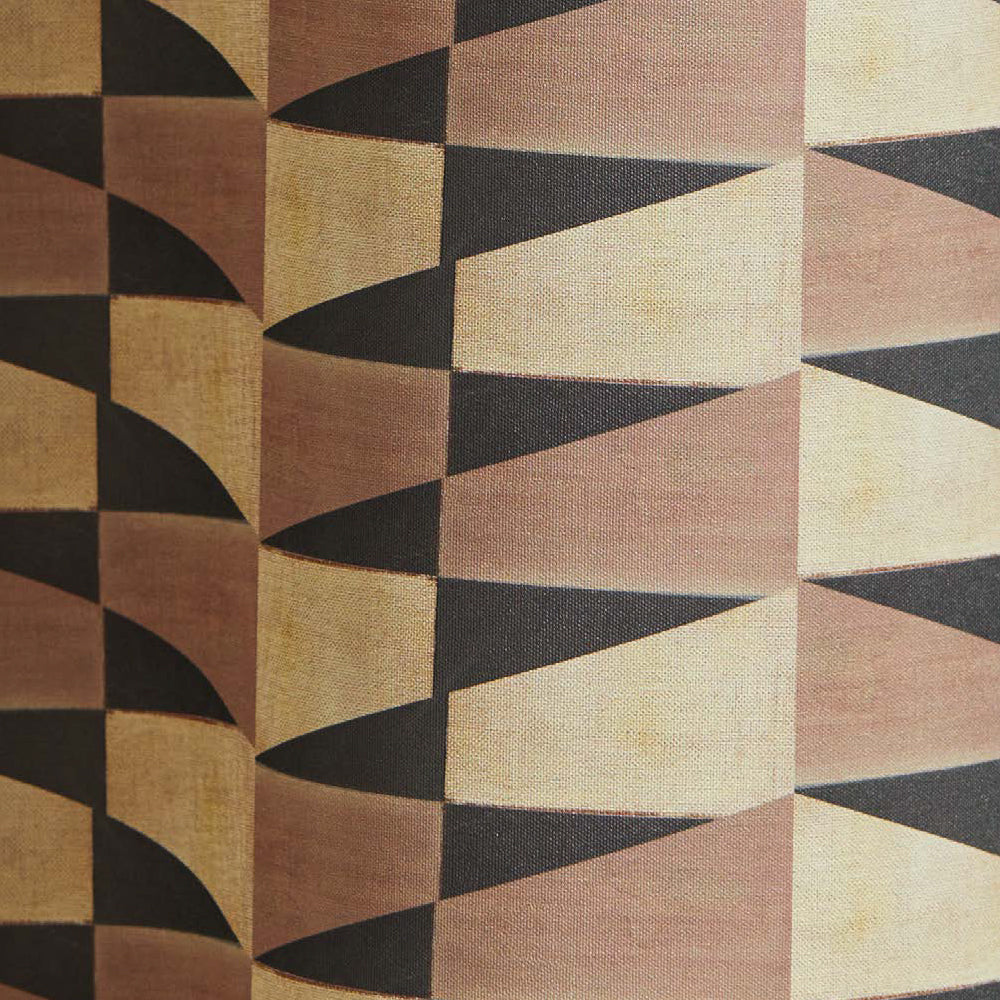 Draped wallpaper in a repeating triangle print in black, brown and gold.