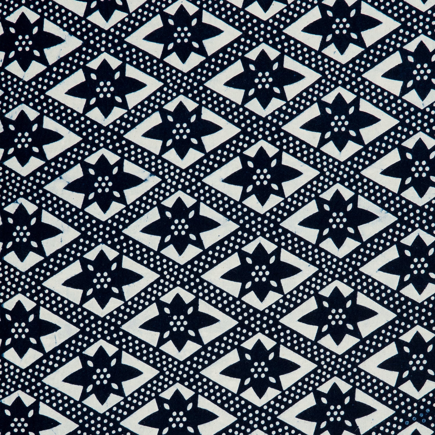 Detail of a cotton fabric in a gridded star pattern in indigo on a white field.