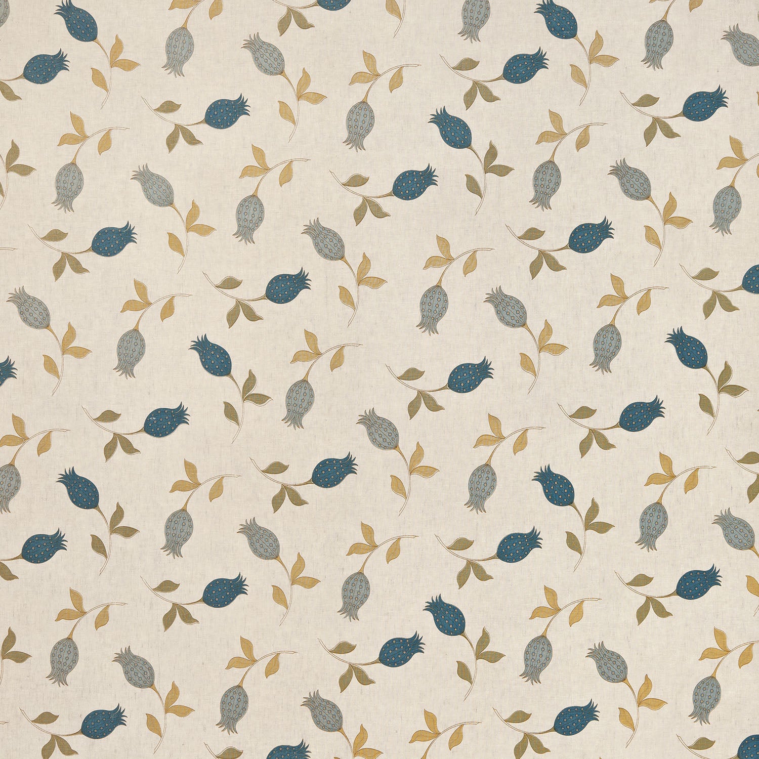 Fabric with a small-scale tulip print in shades of blue and tan on a cream field.