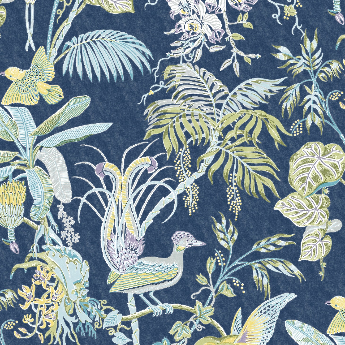 Detail of wallpaper in a dense bird and botanical print in shades of yellow and blue on a navy field.