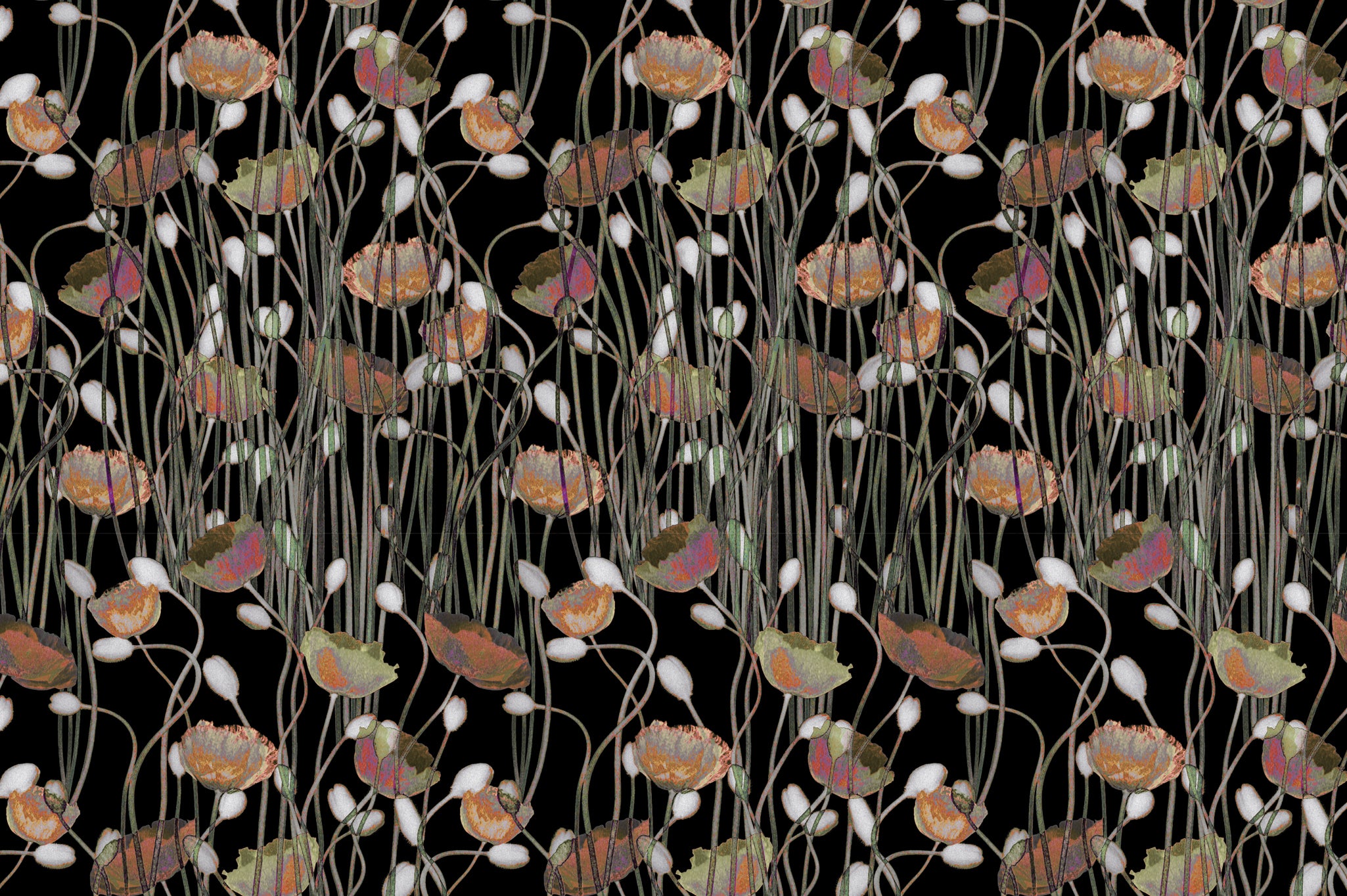 Detail of wallpaper in a dense poppy print in shades of red, white, orange and green on a black field.