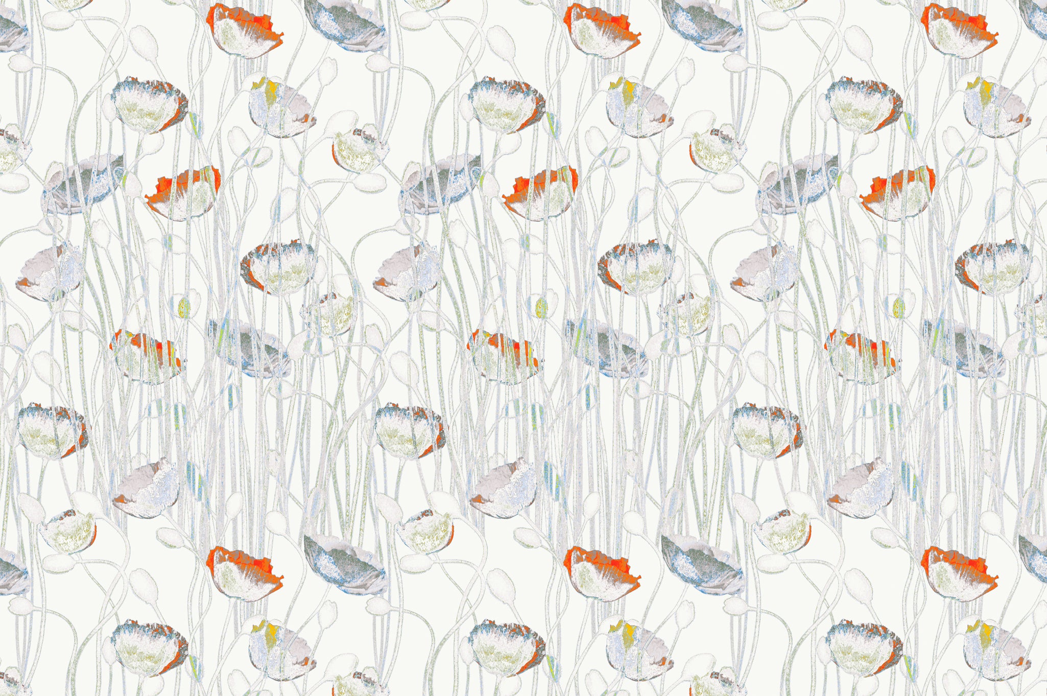 Detail of fabric in a dense poppy print in shades of orange, white and blue on a white field.