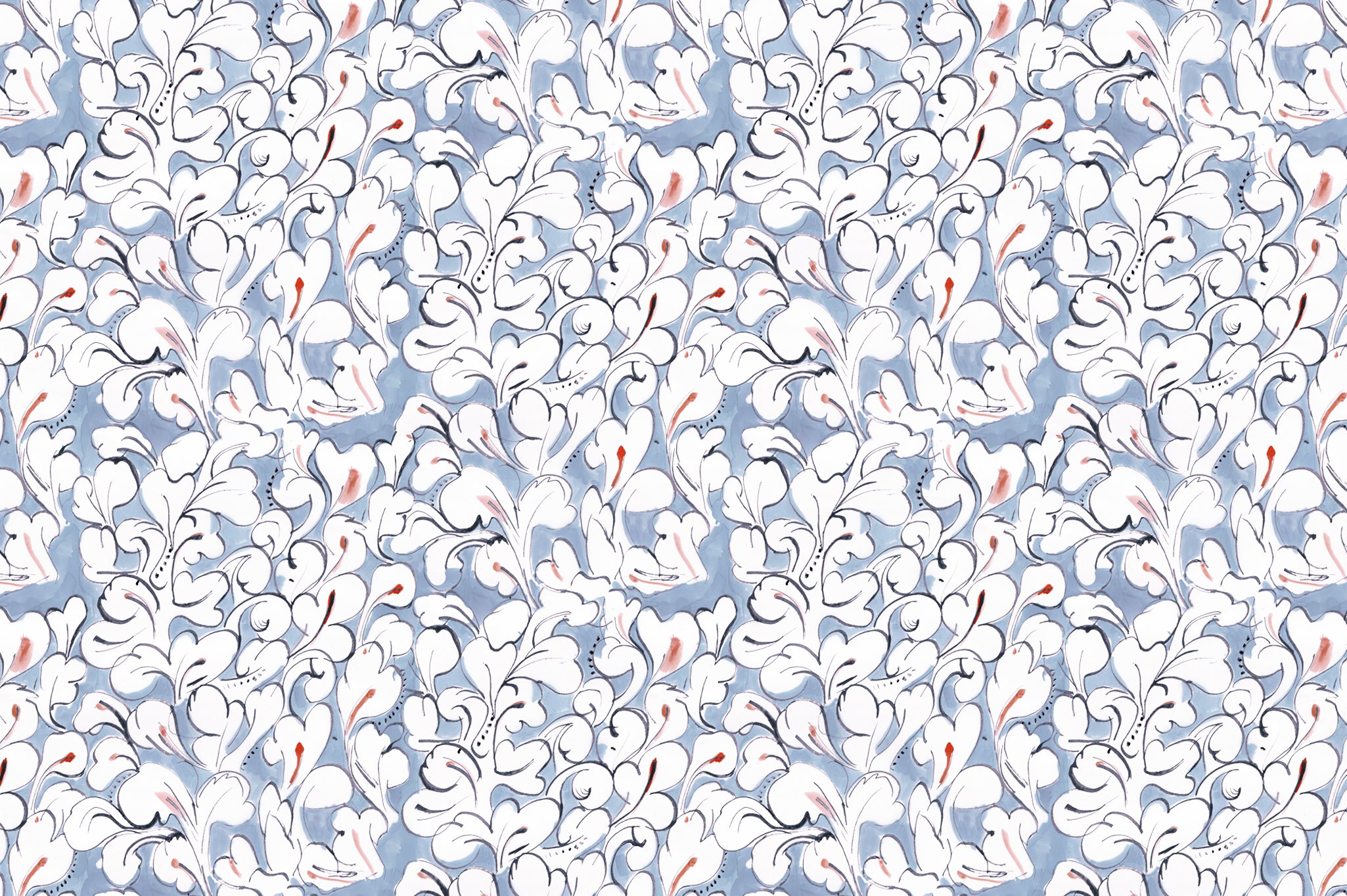 Detail of fabric in a painterly floral print in white, red and black on a light blue field.