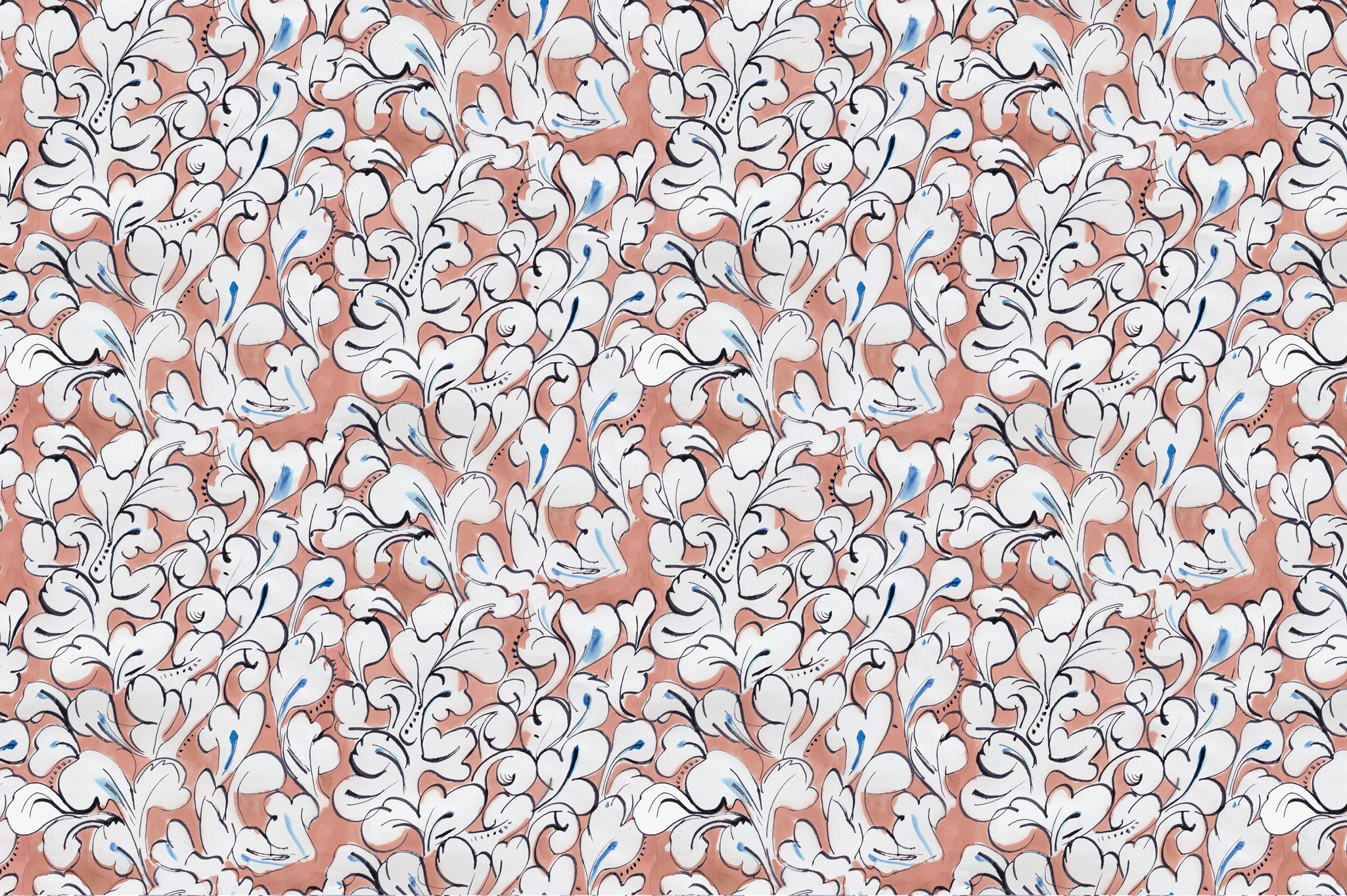 Detail of fabric in a painterly floral print in white, blue and black on a light coral field.