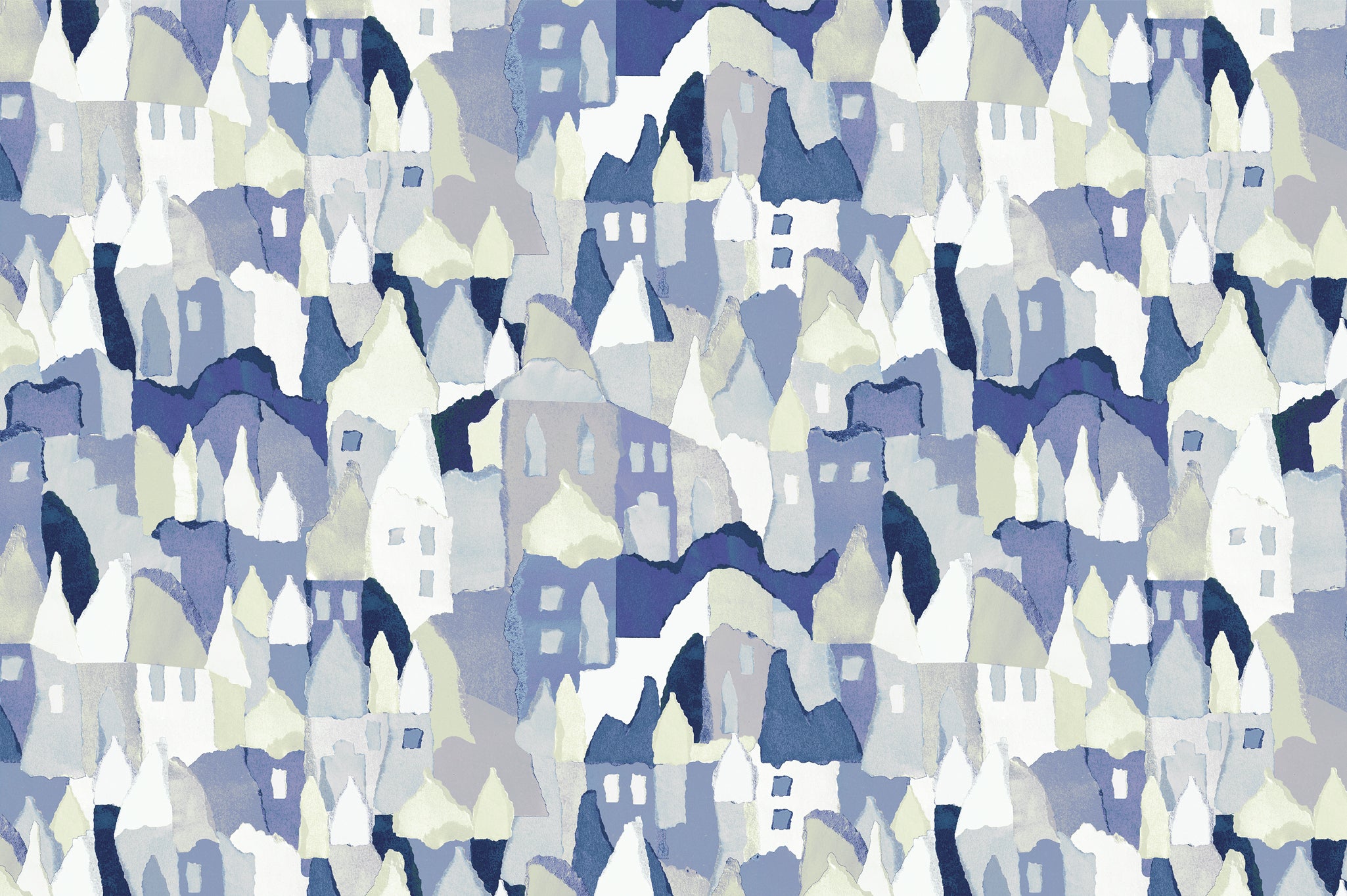 Detail of wallpaper in a playful house print in shades of blue, navy, yellow and cream.