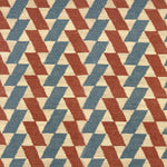 Detail of a handwoven run with alternating stripes of blue and red rhombi on a cream field. 