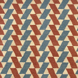 Detail of a handwoven run with alternating stripes of blue and red rhombi on a cream field. 
