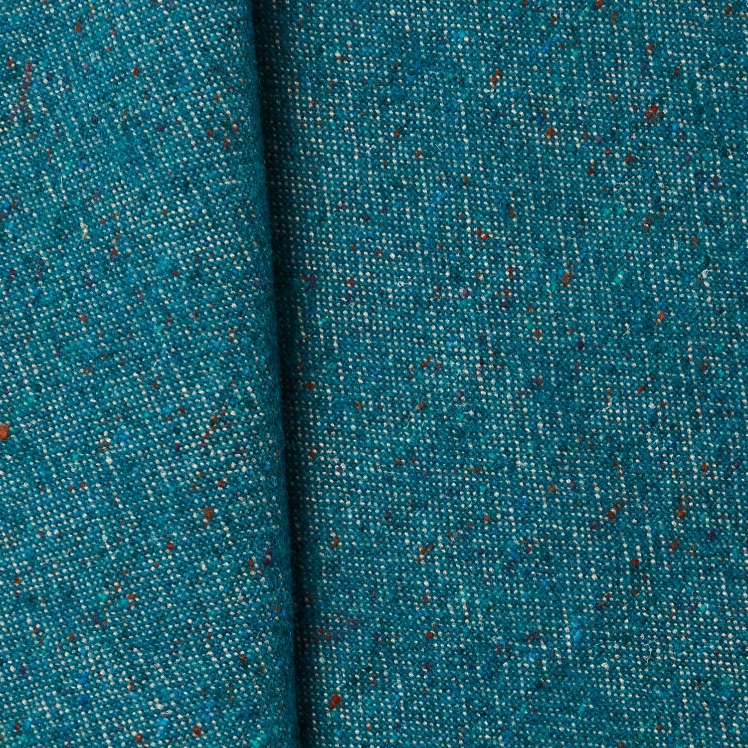 A draped swatch of blended linen-wool mix fabric in a flecked turquoise color.