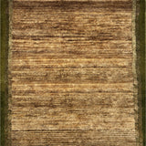 Detail of a handknotted rug with a brown field and green borders.
