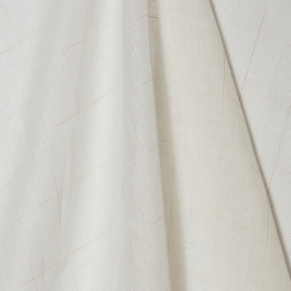A draped swatch of sheer linen fabric in a cream color with a subtle checked pattern.