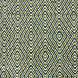 Detail of a flatwoven rug with a diamond pattern in white, blue and green.