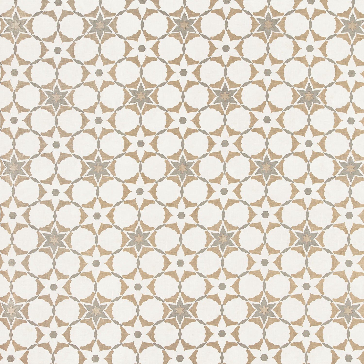 Fabric in a geometric star print in shades of brown and tan on a white field.
