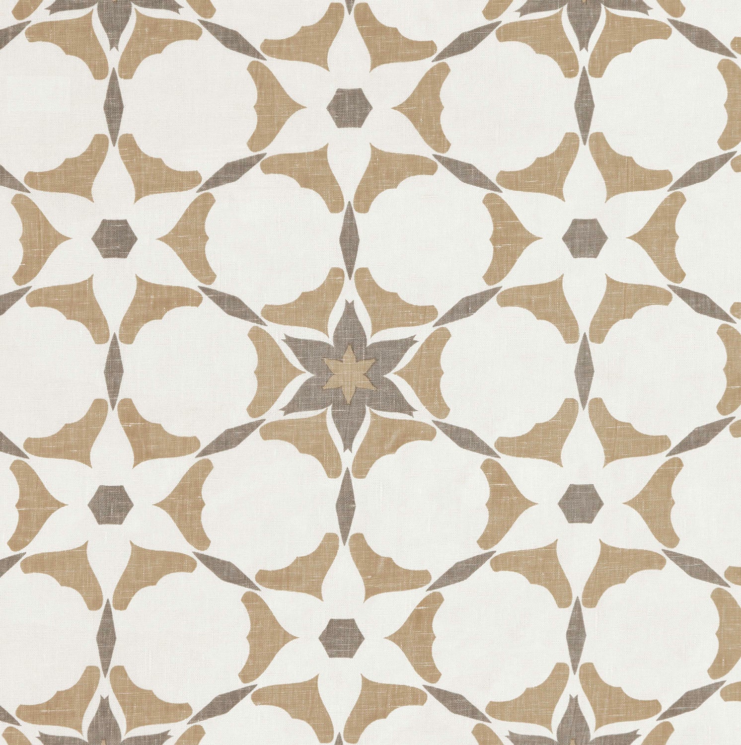 Detail of fabric in a geometric star print in shades of brown and tan on a white field.