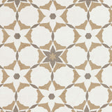Detail of fabric in a geometric star print in shades of brown and tan on a white field.