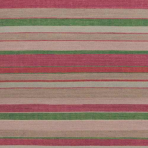 Flatweave rug in a mixed width stripe in fuchsia, coral, green, taupe and aqua.
