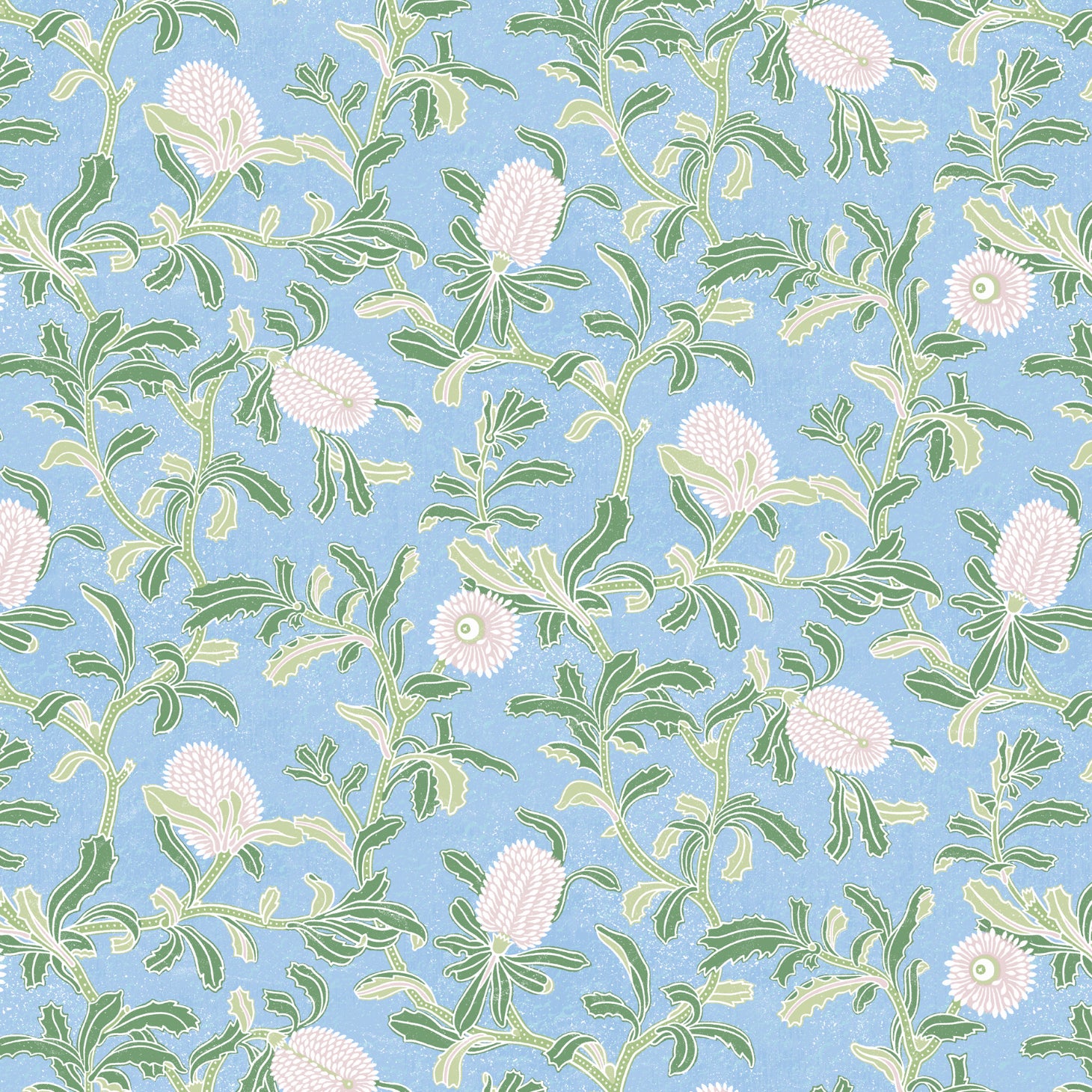 Detail of wallpaper in a floral print in shades of white and green on a light blue field.