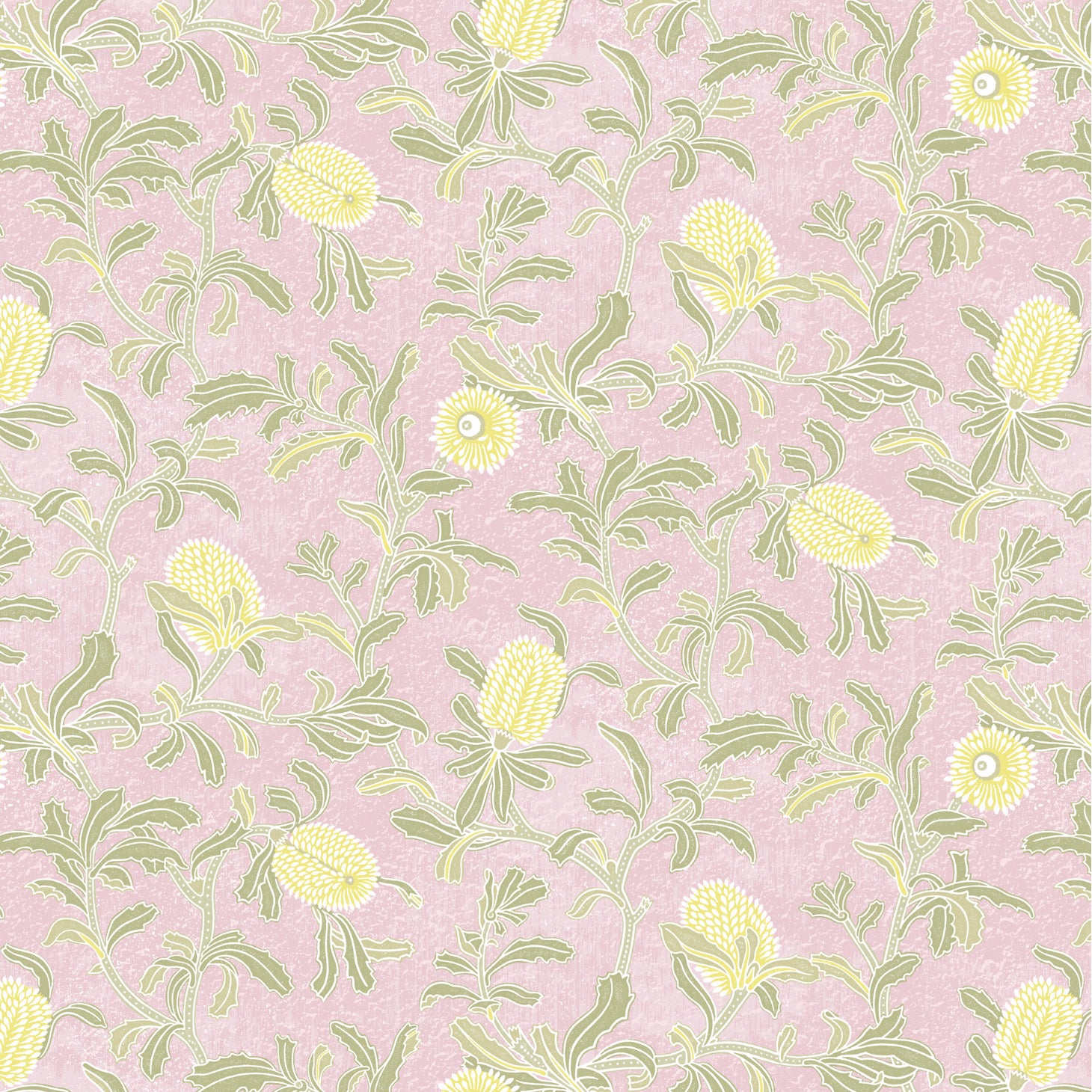 Detail of wallpaper in a floral print in shades of yellow and green on a light pink field.