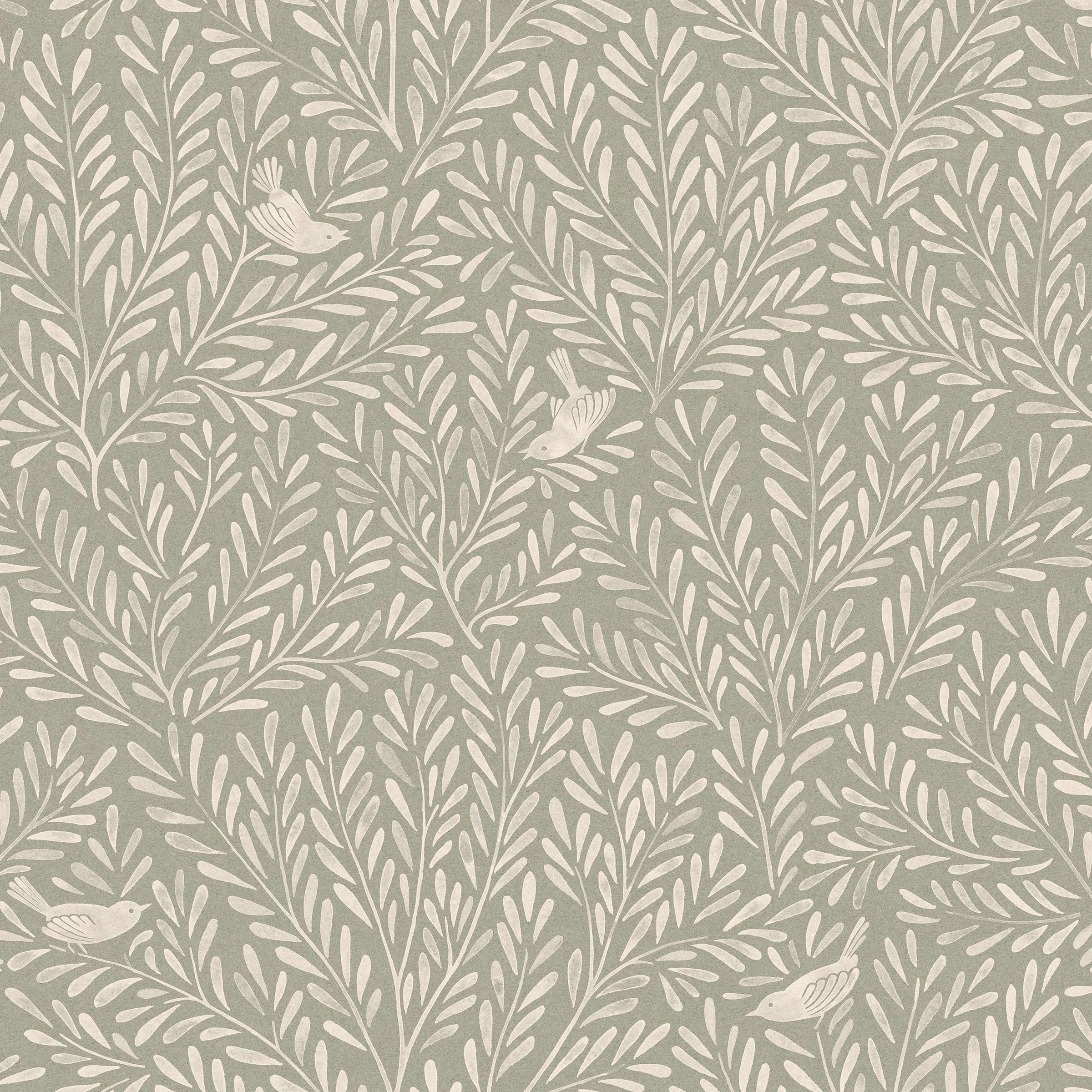Detail of wallpaper in a playful bird and leaf print in white on a sage field.