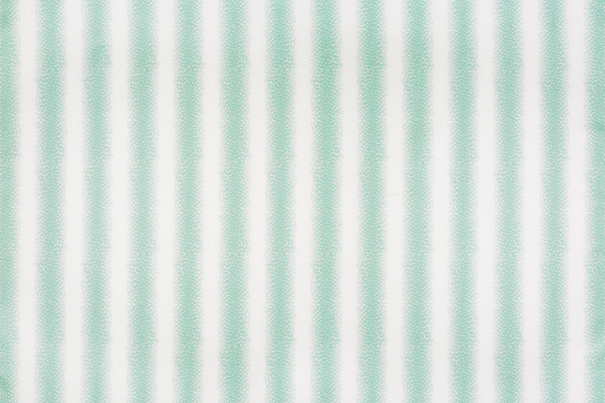 Detail of fabric in a textural speckled stripe print in turquoise and cream.
