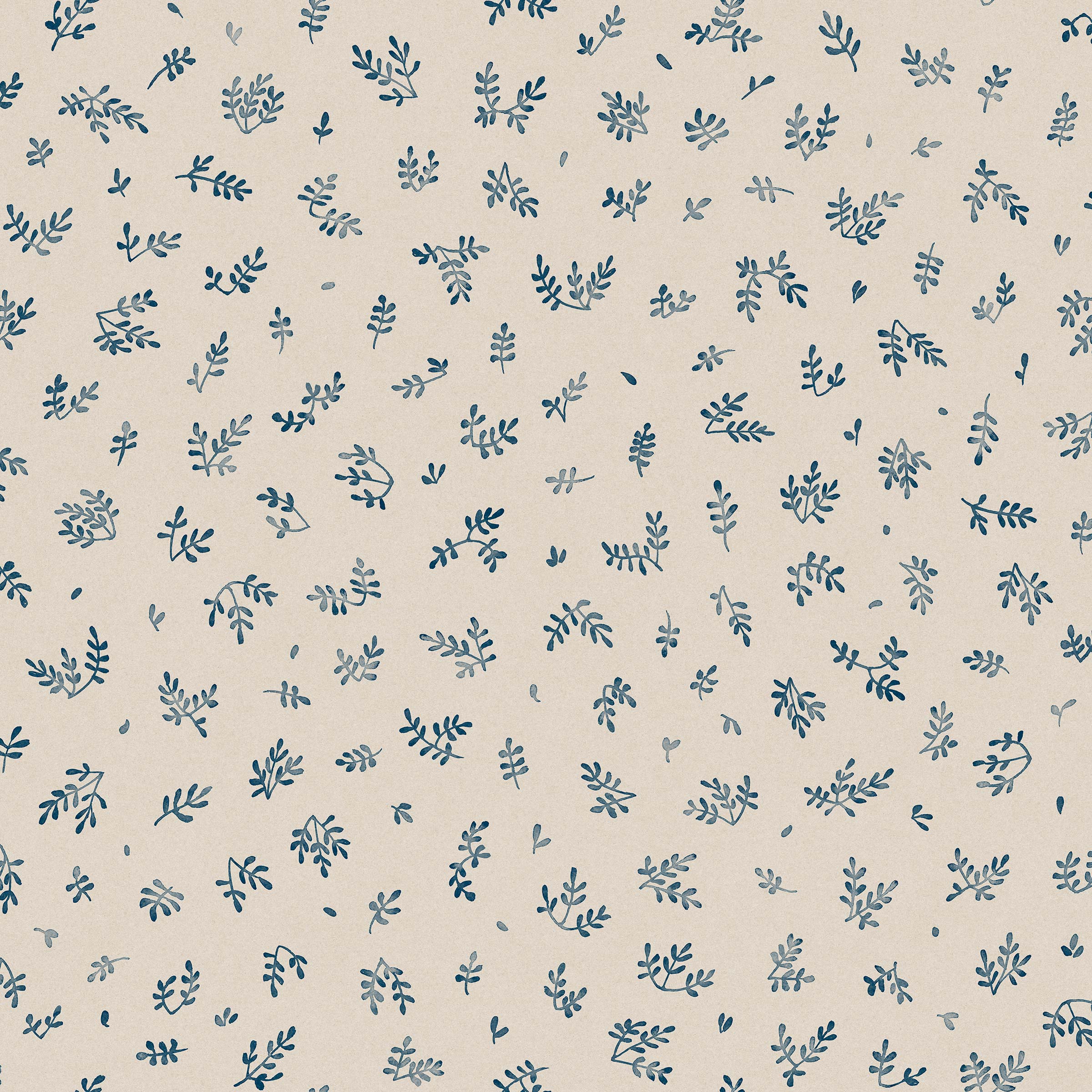 Detail of wallpaper in a minimal repeating leaf print in navy on a cream field.