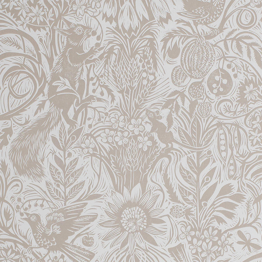 Detail of wallpaper in a playful squirrel and sunflower print in tan on a cream field.