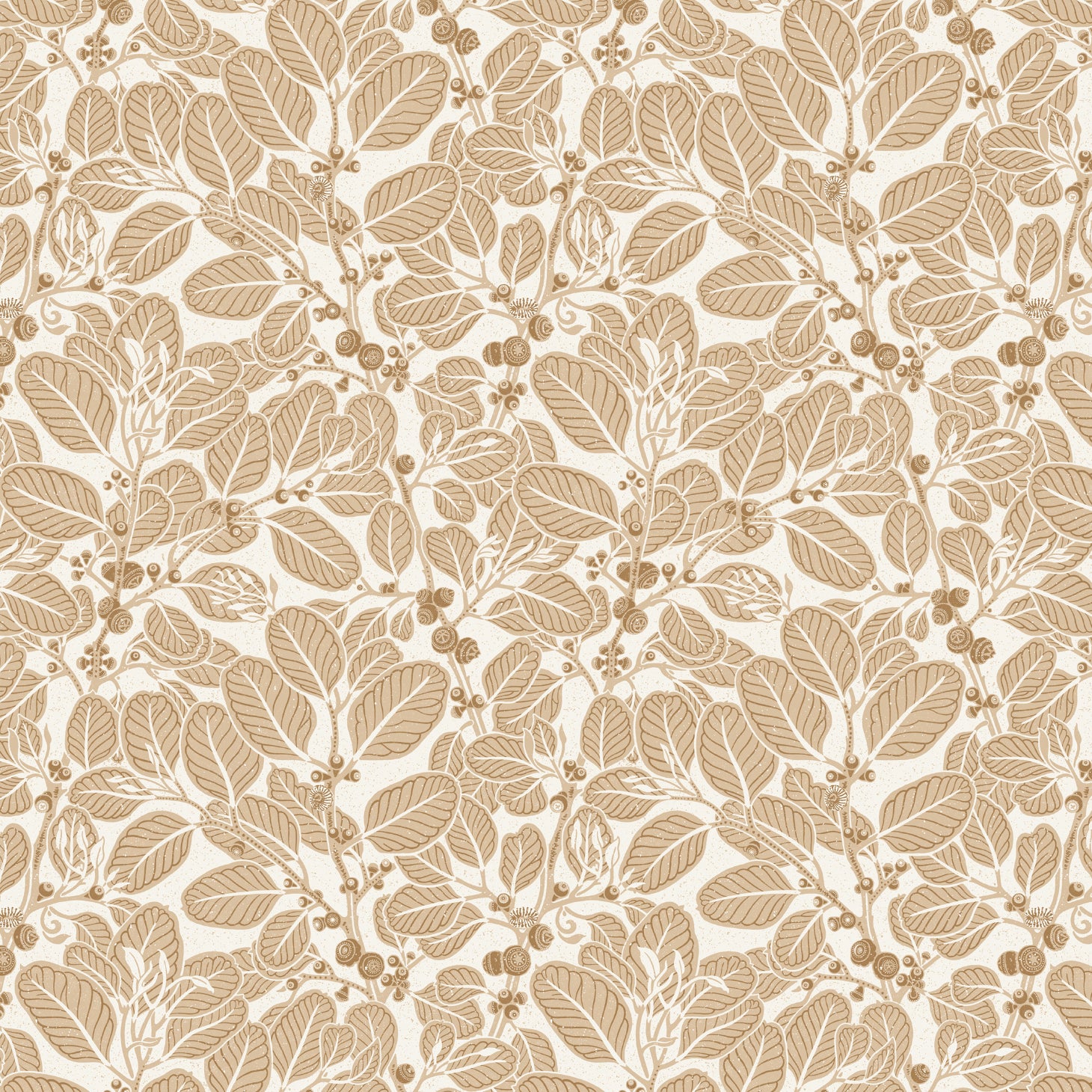 Detail of wallpaper in a dense leaf and stem print in brown on a white field.