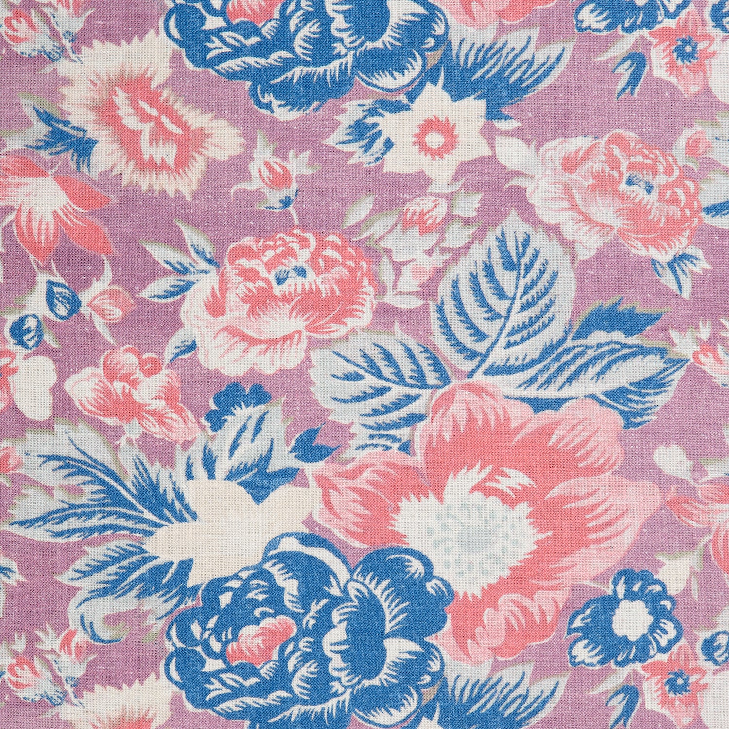 Detail of a linen fabric in a detailed floral pattern in cream, blue and pink on a purple field.