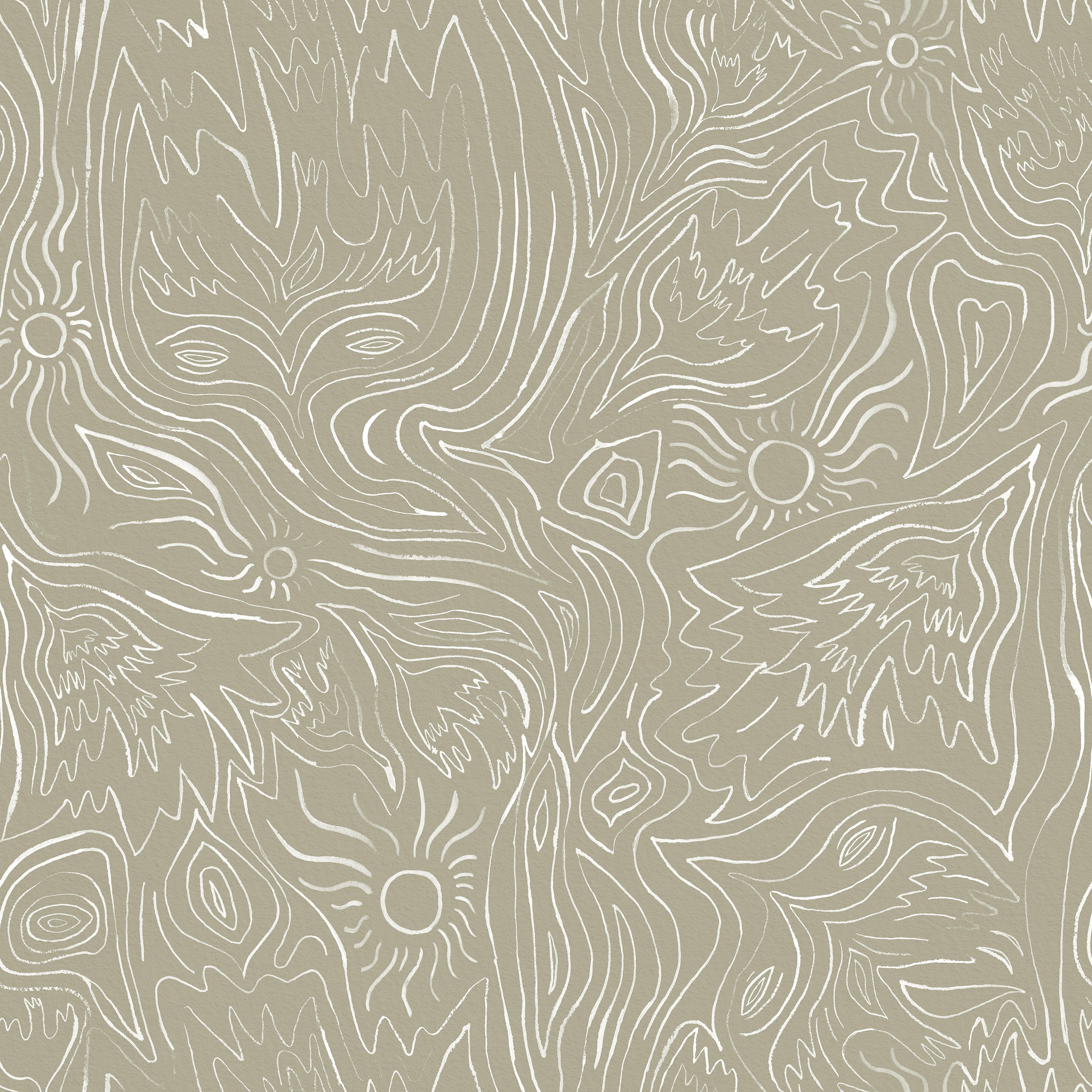 Detail of wallpaper in a playful abstract sun print in white on a tan field.