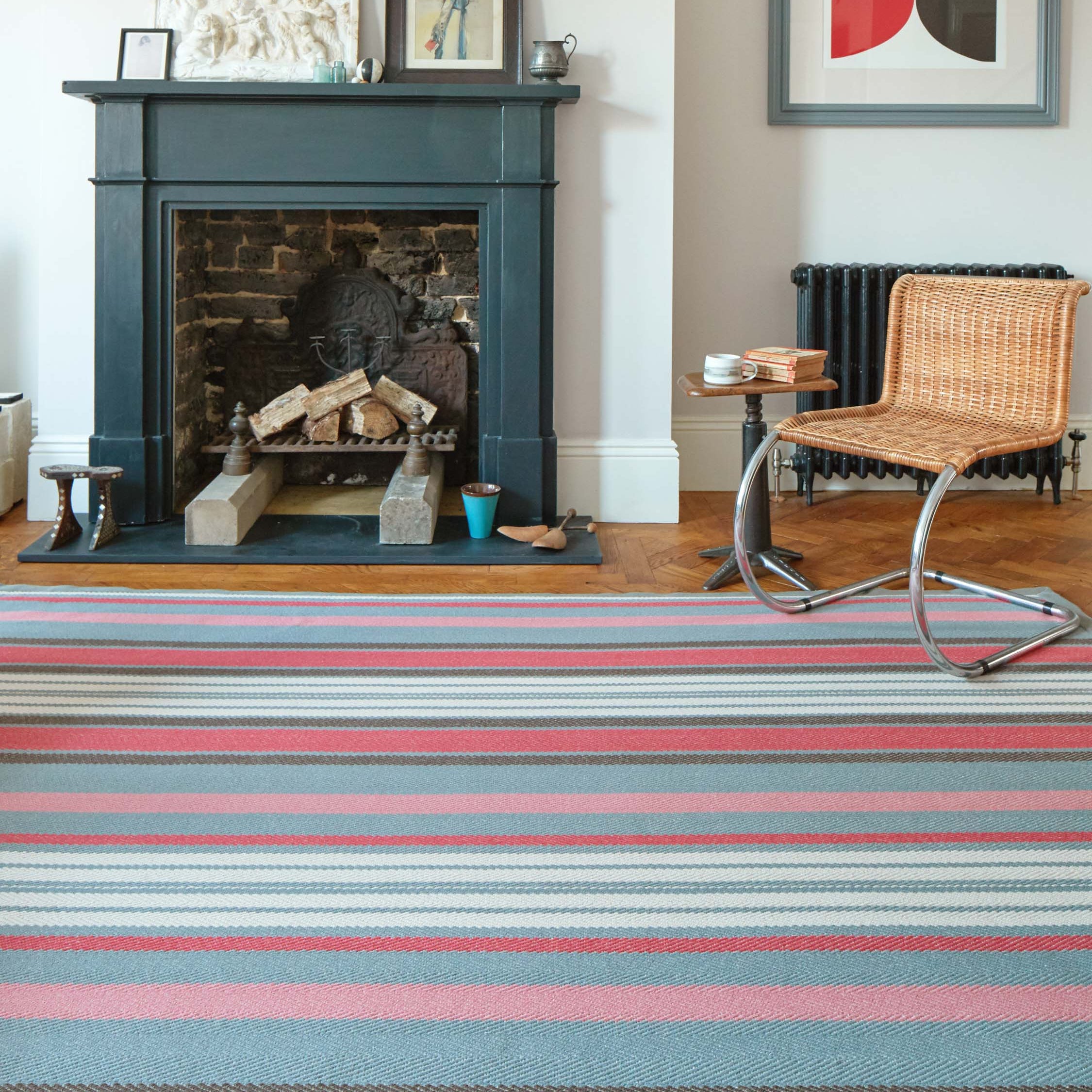 Striped flatweave runner in pink red grey and cream