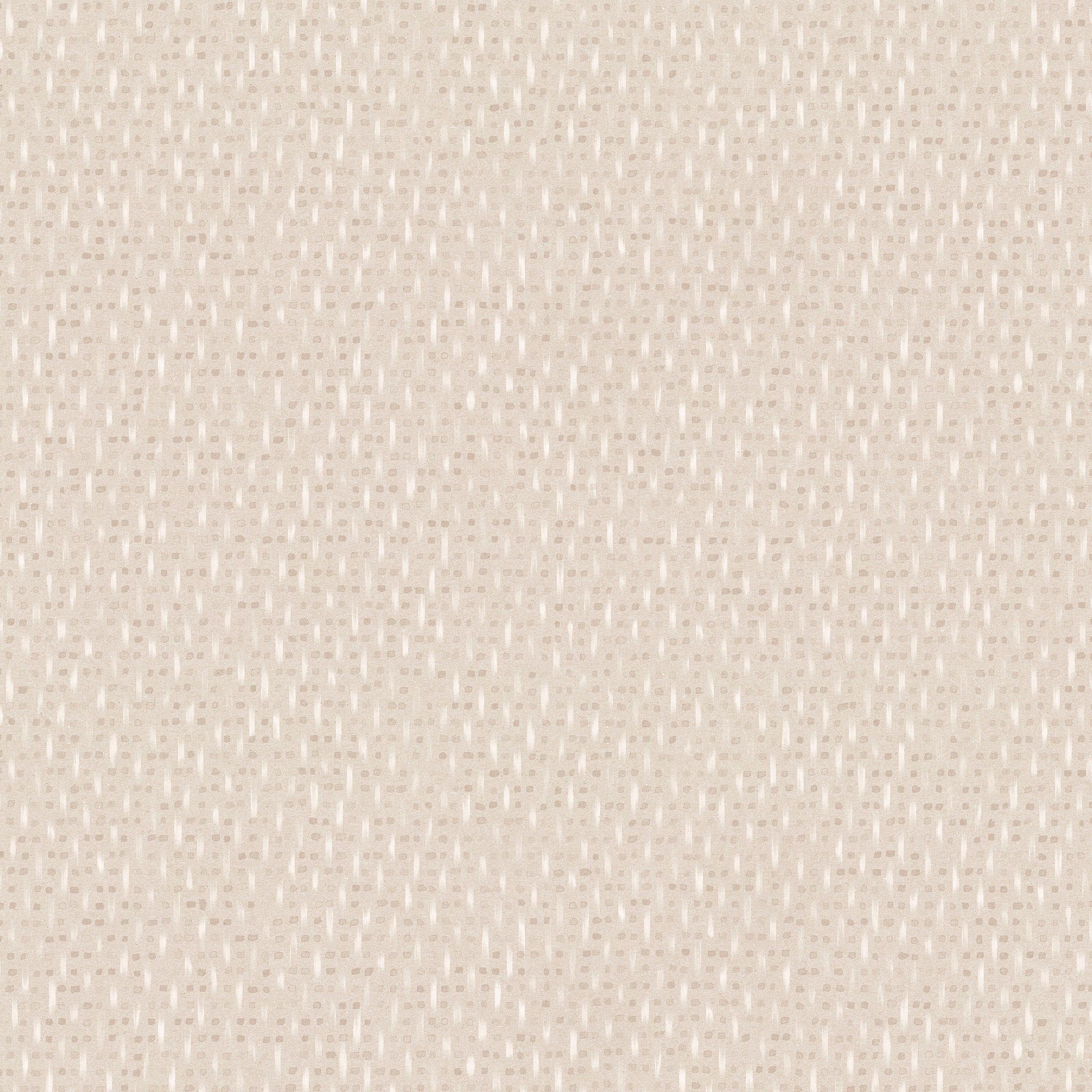 Detail of fabric in a small-scale dot and dash pattern in shades of cream and white on a cream field.