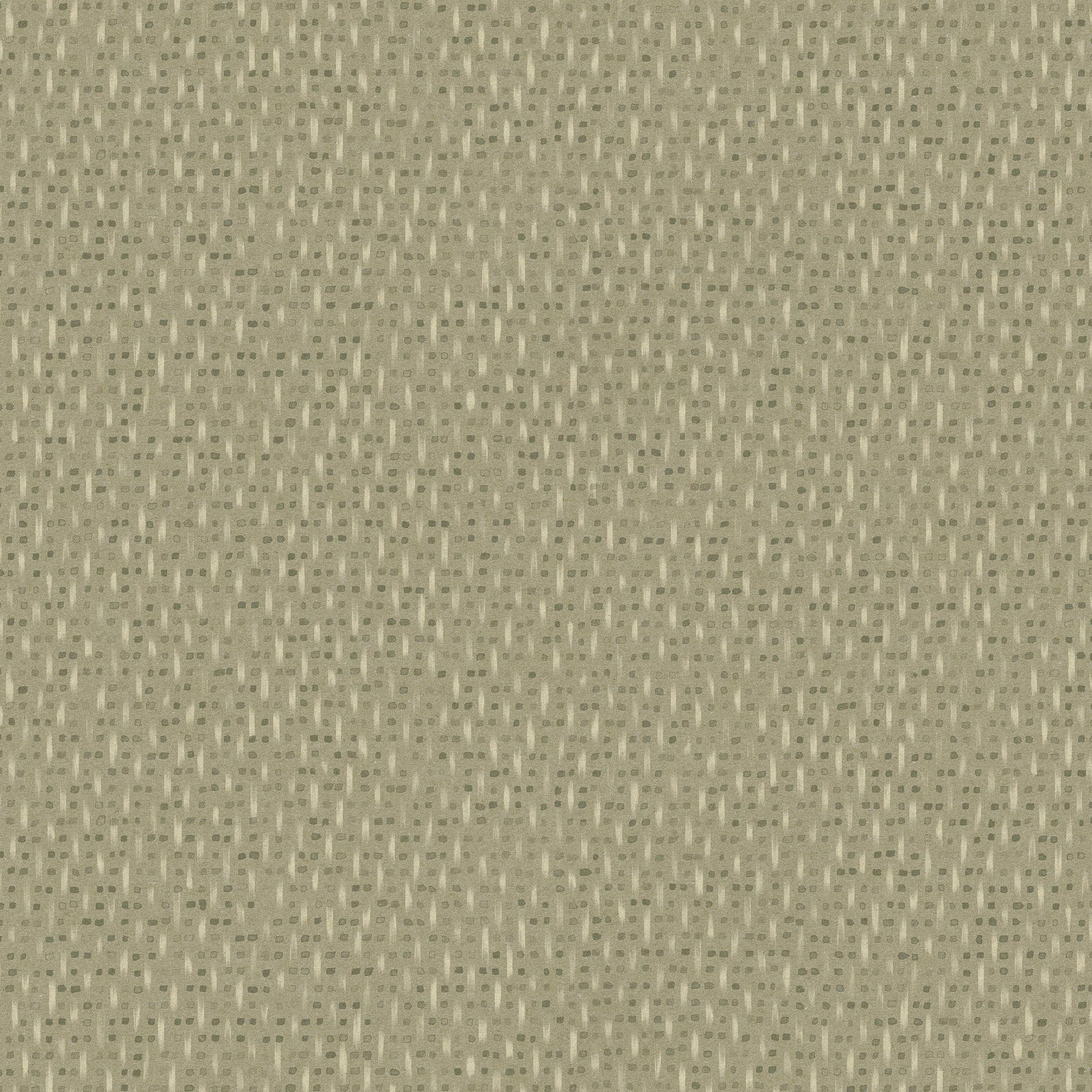 Detail of fabric in a small-scale dot and dash pattern in shades of cream and green on a sage field.