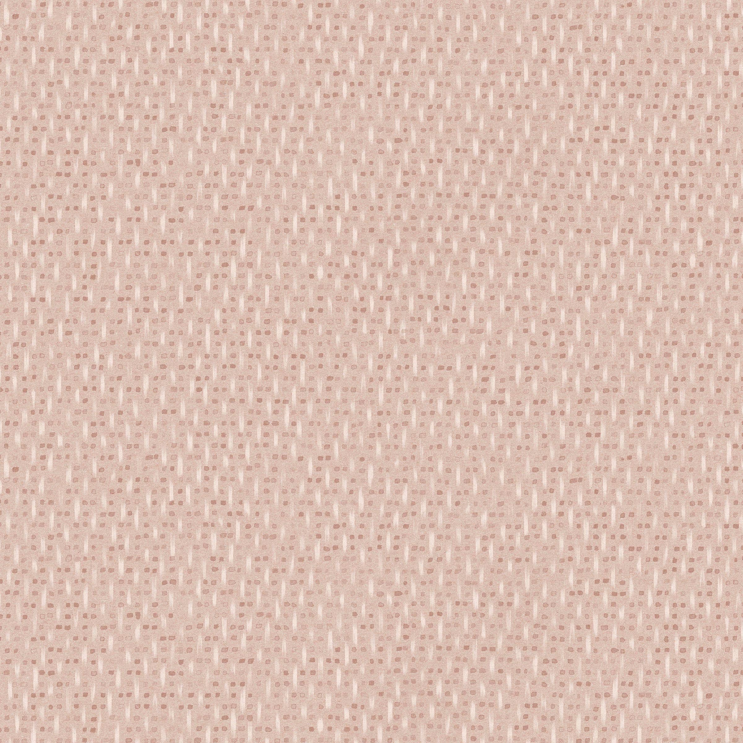 Detail of fabric in a small-scale dot and dash pattern in shades of cream and pink on a light pink field.