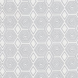 Fabric with a playful embroidered geometric grid print in grey on a white field