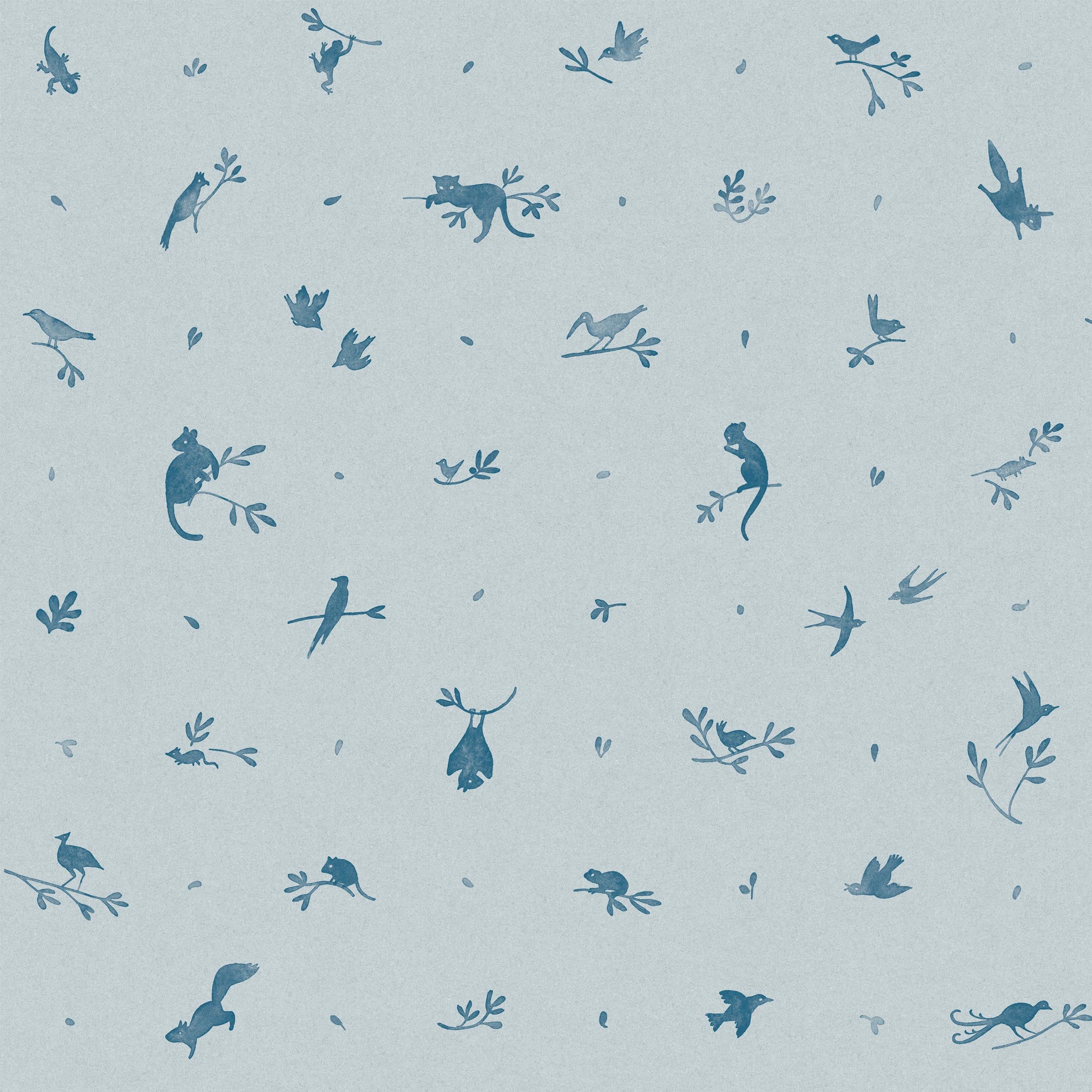 Detail of fabric in a playful animal and branch print in navy on a blue field.