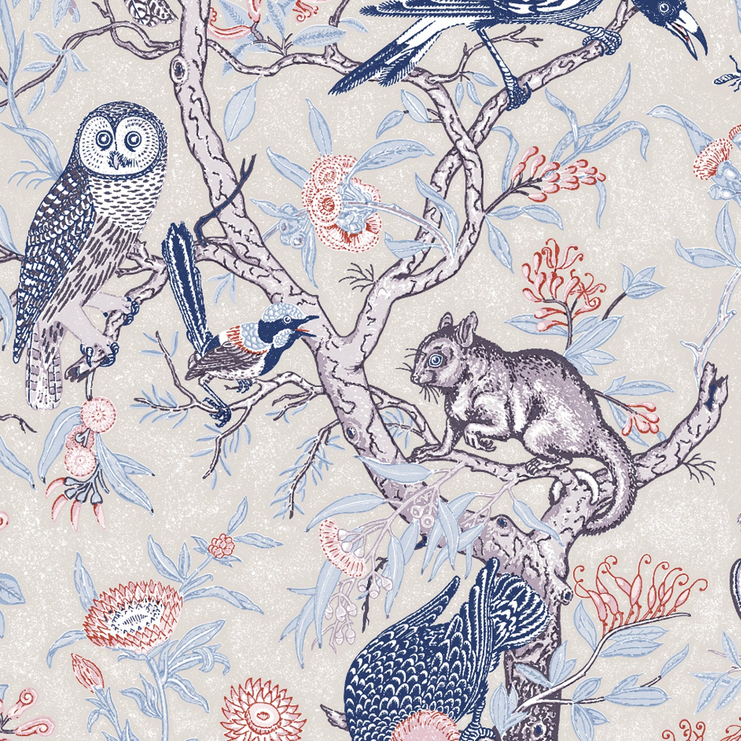 Detail of wallpaper in an animal and tree branch print in shades of blue, gray and red on a cream field.