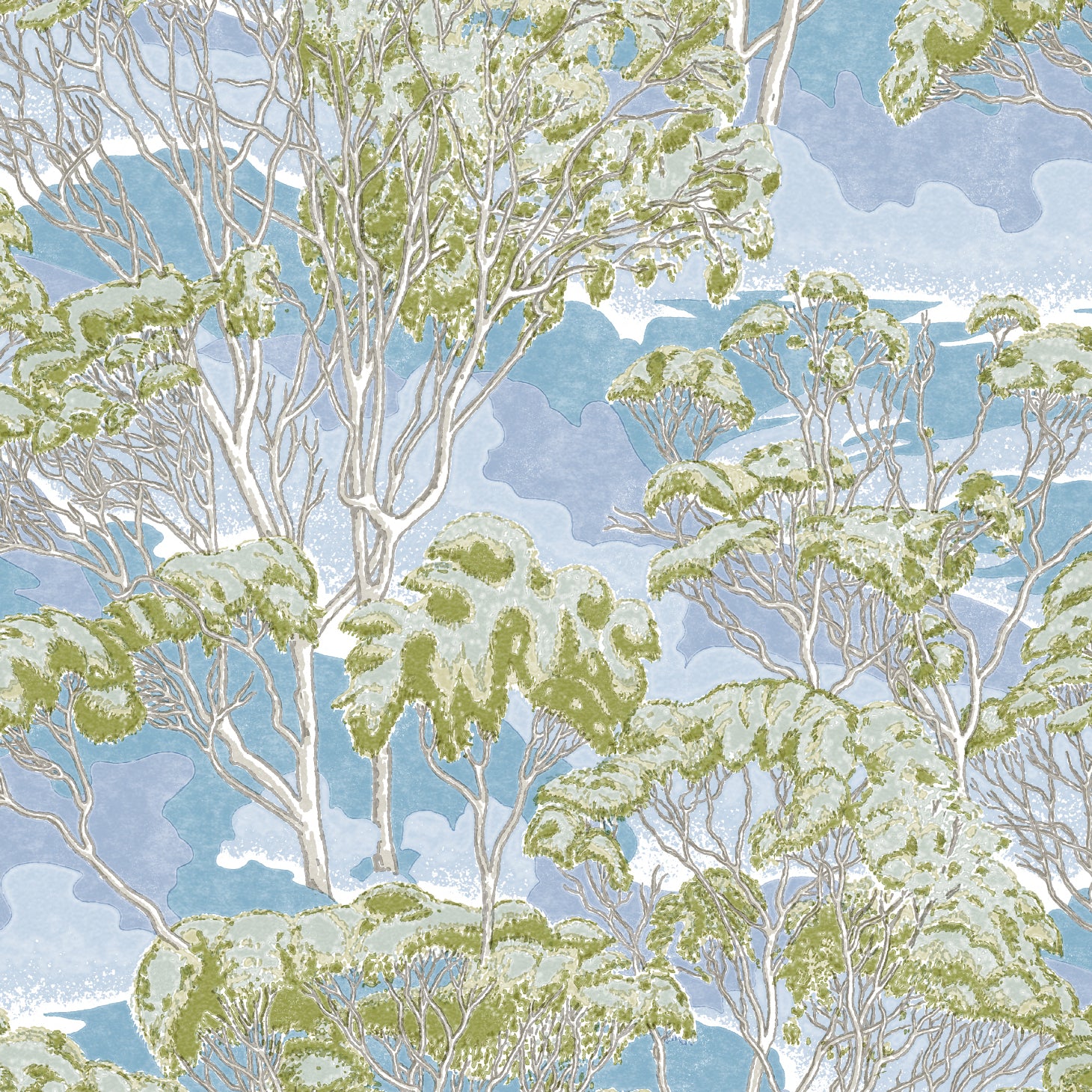 Detail of wallpaper in a painterly tree print in shades of cream and green on a light blue field.
